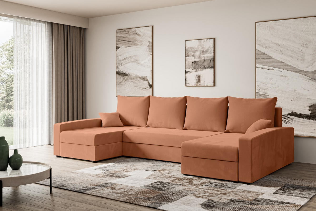 WOHNLANDSCHAFT mit Schlaffunktion und Bettkasten ALESIA-U 301x140x90 cm Koralle Velours - Koralle/Silberfarben, Holzwerkstoff/Kunststoff (301/90/140cm) - ALTDECOR