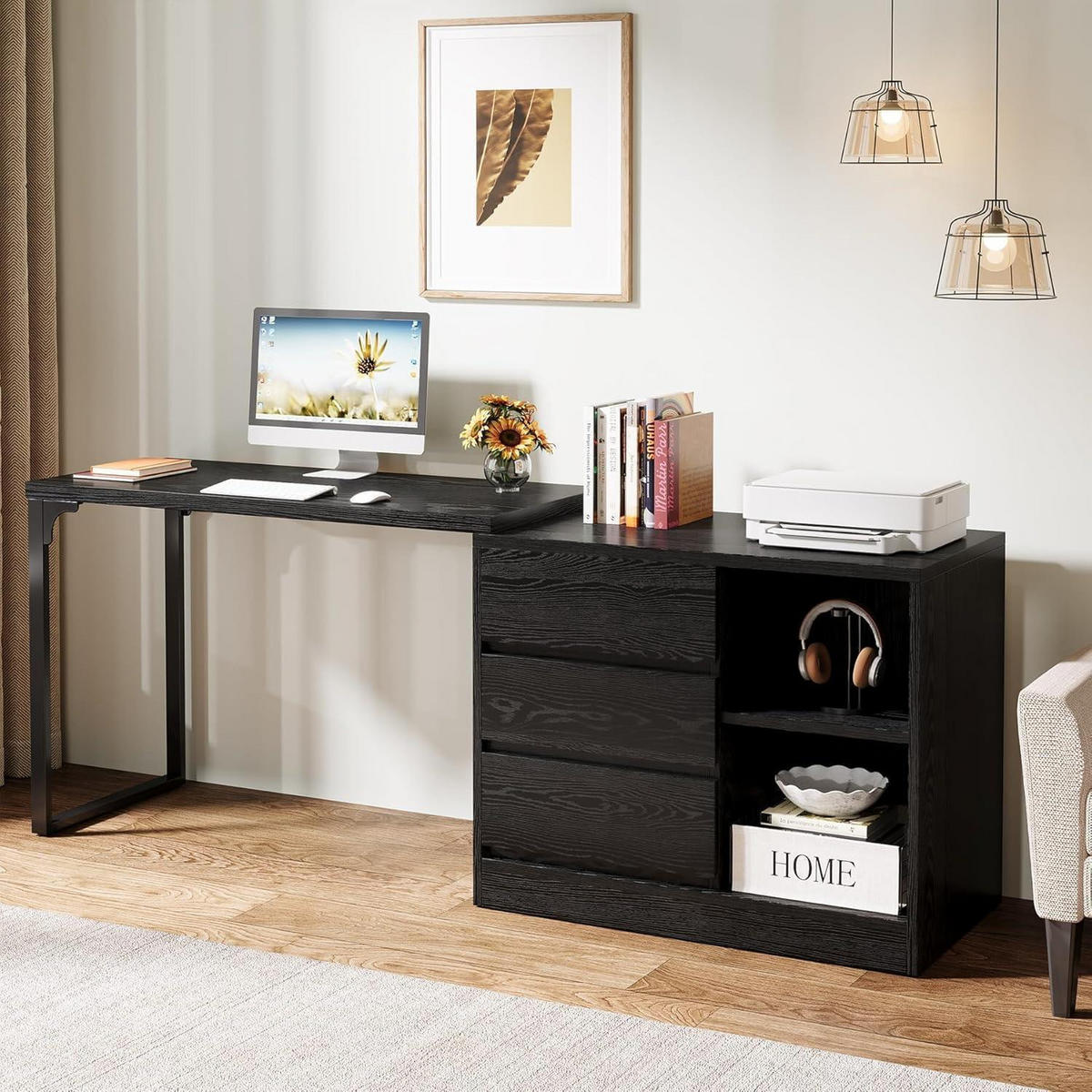 SCHREIBTISCH L-Form Schwarz mit Schubladen und Aufbewahrung - Schwarz, Holzwerkstoff (45/100/75cm)