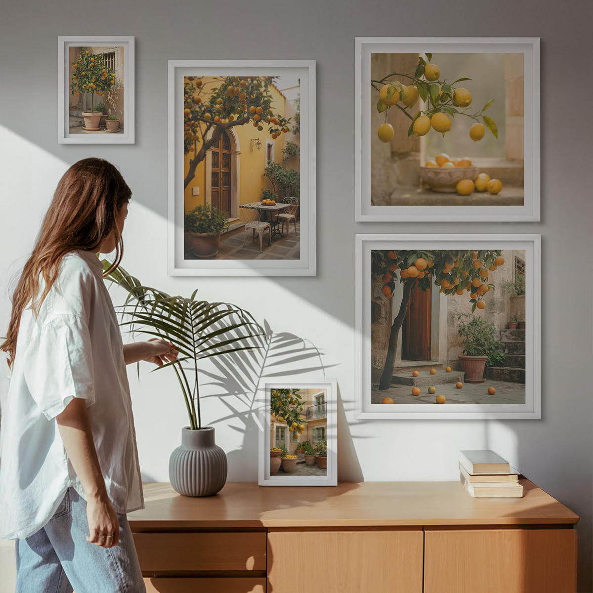 WANDBILDER 5er-Set - 50x50 cm & 20x30 cm & 40x60 cm Weißer Rahmen - Terrasse mit Zitrusbäumen - Weiß, Kunststoff (40/60cm) - ArtPrintCave