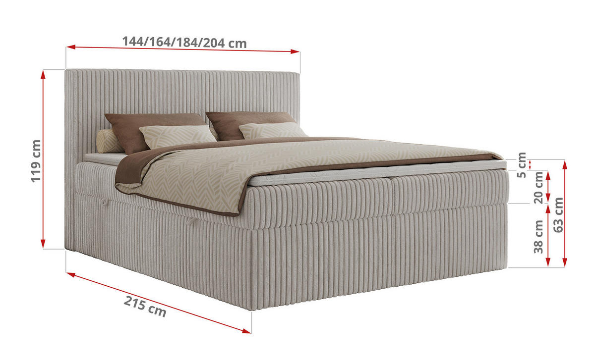 BOXBETT TILIANO 200/200 - Hellgrau Cord - H3 - Hellgrau, Textil (200/200cm) - MKS