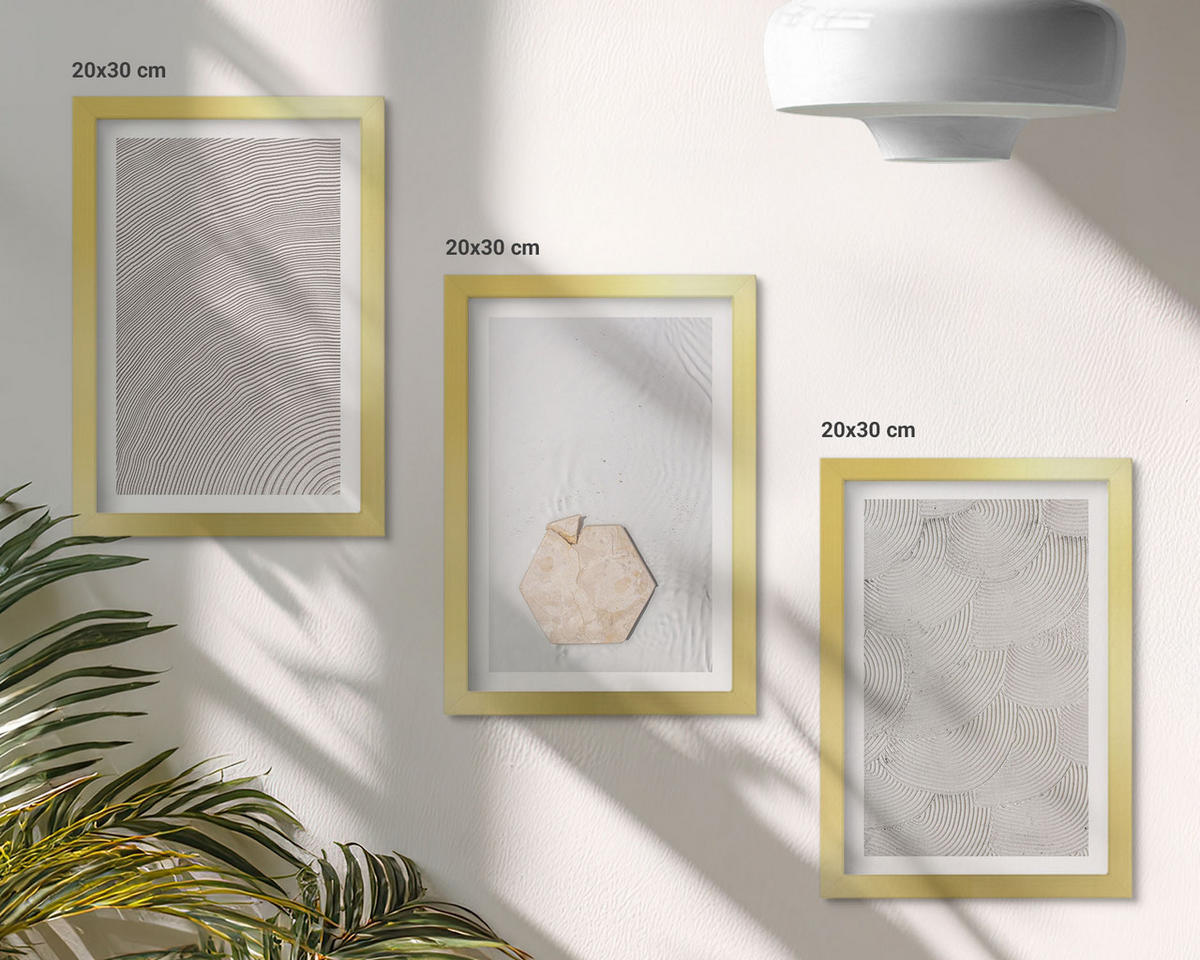 BILDER SET 3er Set - 20x30 cm Goldrahmen - Leichte Boho-Sandtexturen - Goldfarben, Kunststoff (20/30cm) - TULUP
