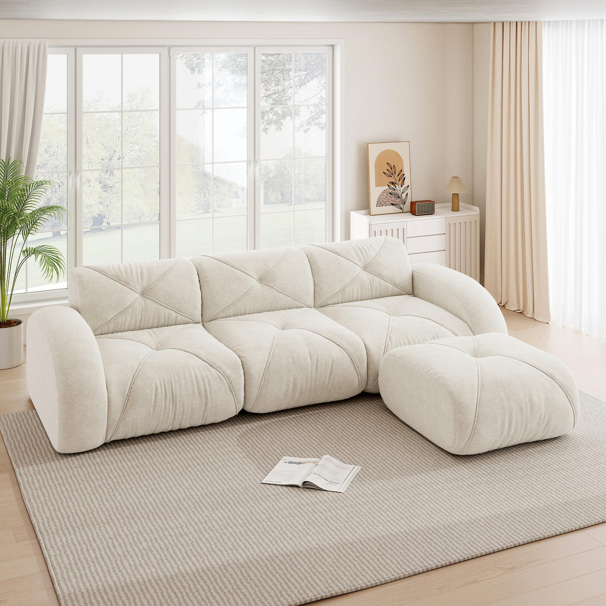 3-SITZER ECKSOFA Chenille Hellbeige mit Hocker - Weiß, Textil (281/171cm) - WISHDOR