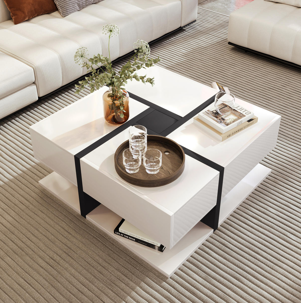 COUCHTISCH aus Spanplatte 78x78x36 cm in Weiß mit 4 Schubladen - Weiß, Holzwerkstoff (78/78/36cm) - Modfu