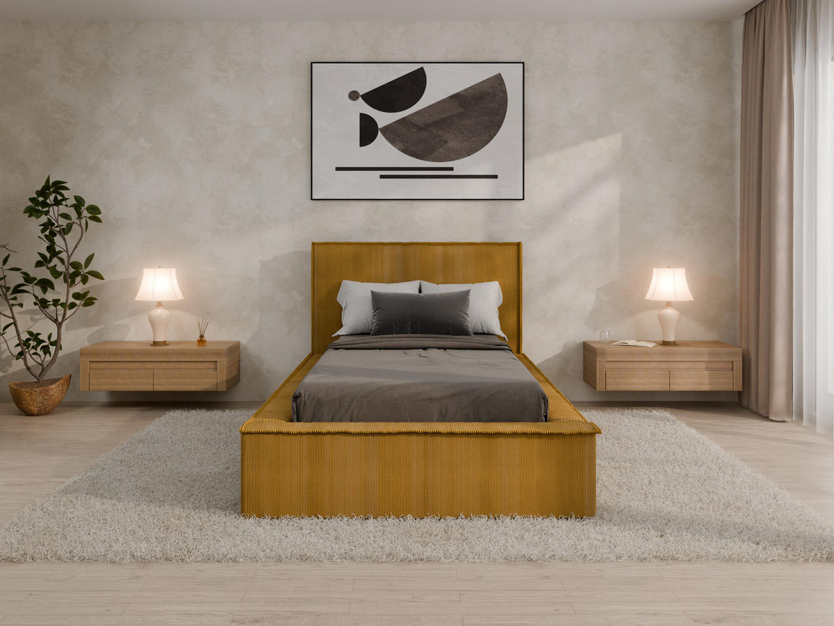 POLSTERBETT SANA 100x200cm Elegantes Polsterbett für modernen Wohnstil , Taschenfederkernmatratze mit kokos KORNOS (20cm), Currygelb - Currygelb, Holz (100/200cm) - Panda Möbel