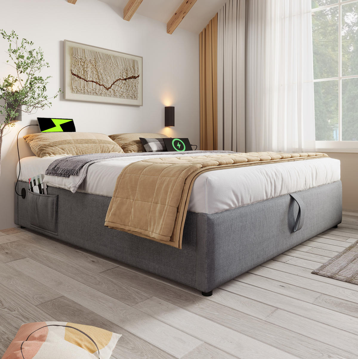 POLSTERBETT 140/200 cm Grau aus Baumwolle und Leinen mit Stauraum - Grau, Textil (140/200cm) - OKMYHOME