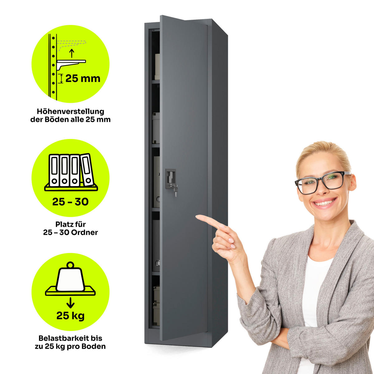 AKTENSCHRANK mit 4 Einlegeböden Anthrazit Stahl 40x185x45cm - Anthrazit, Metall (40/185/45cm) - Muralo