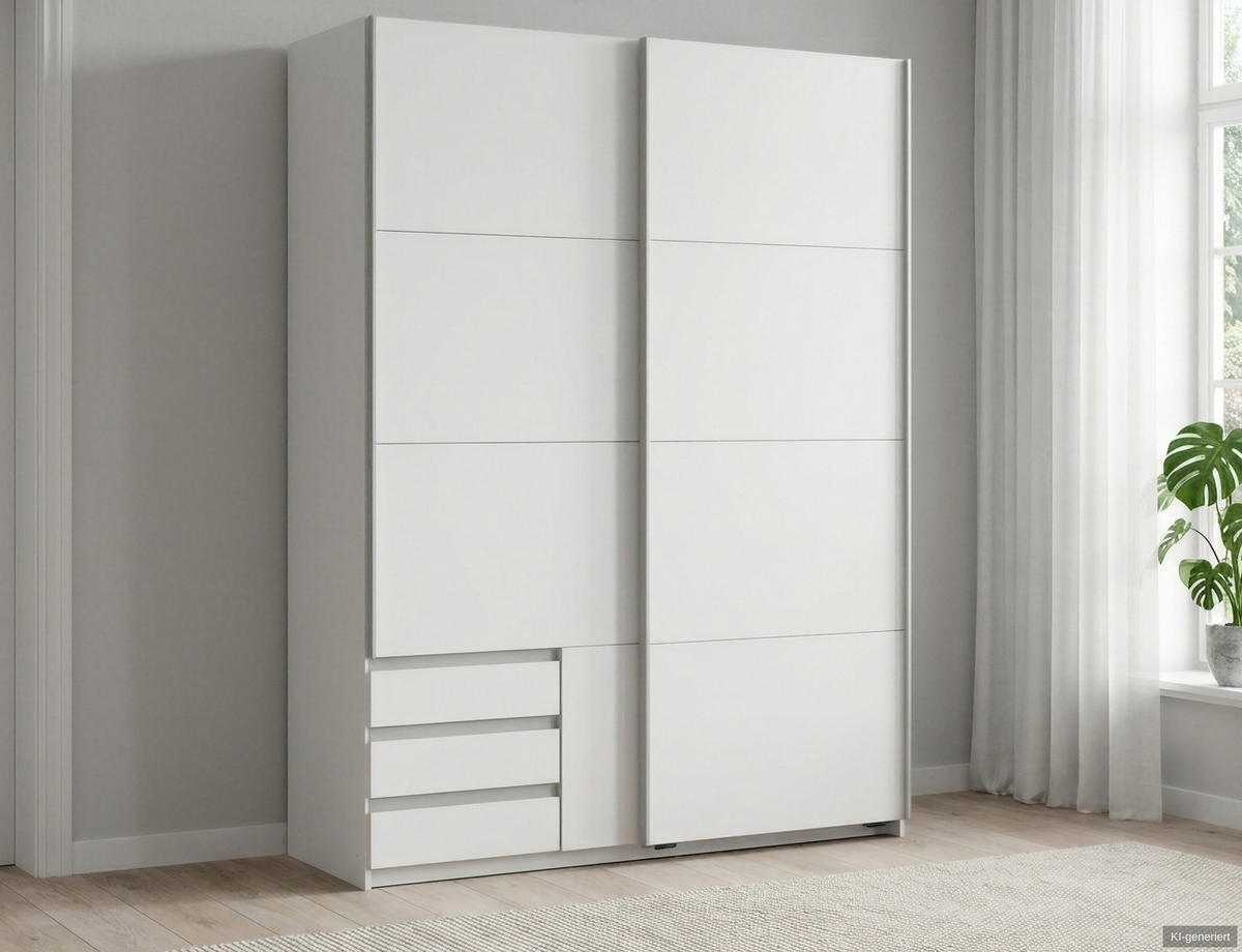 SCHWEBETÜRENSCHRANK 2-türig B135/H198/T65 cm, Kleiderschrank in Weiß mit sichtbaren Schubkästen / 22660 - Alufarben/Weiß, Holz/Holzwerkstoff (135/198/65cm) - luma-home