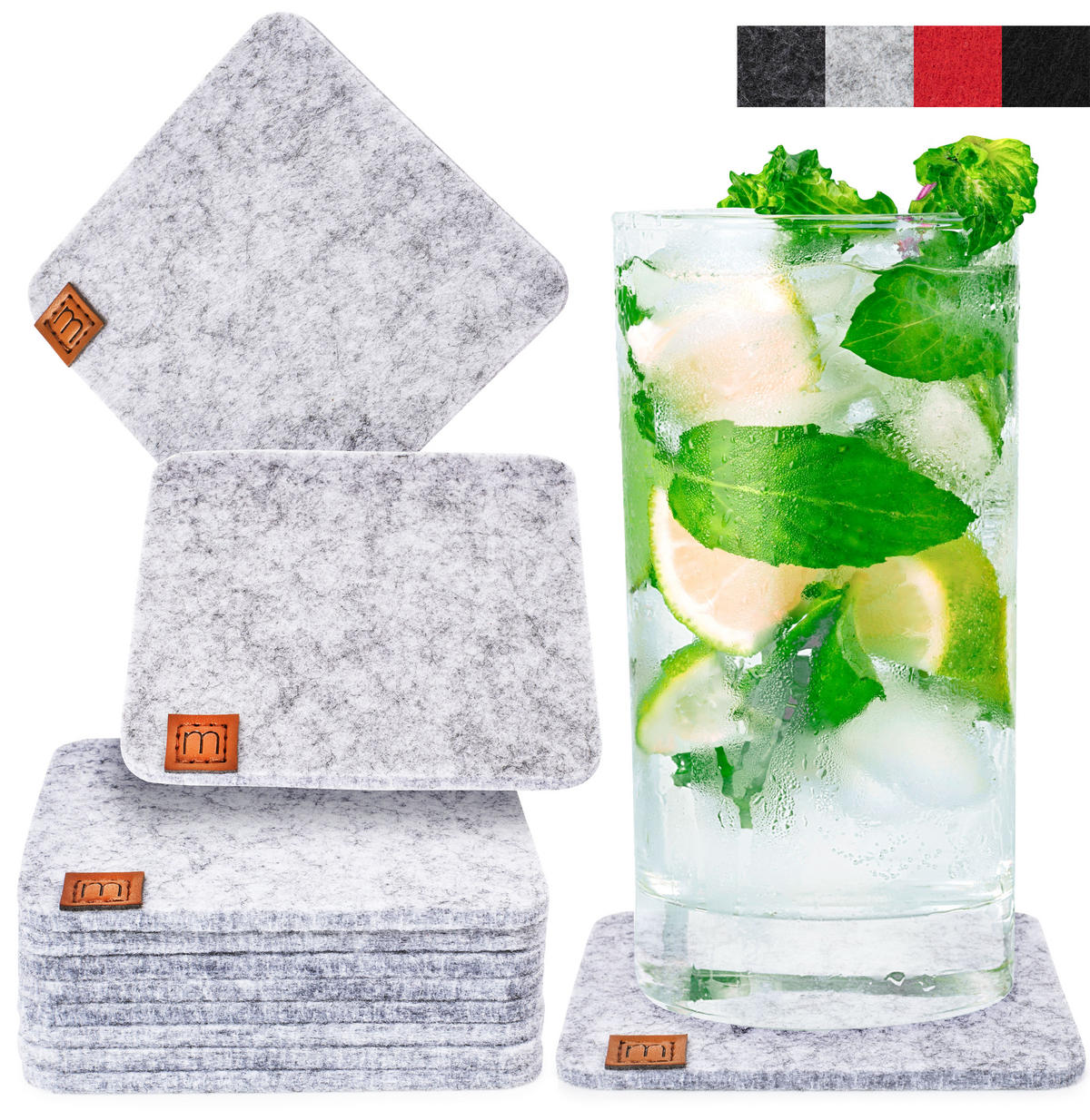 GLASUNTERSETZER mit Lederlabel 10er-Set - Hellgrau, Textil (10/10cm) - Miqio Design