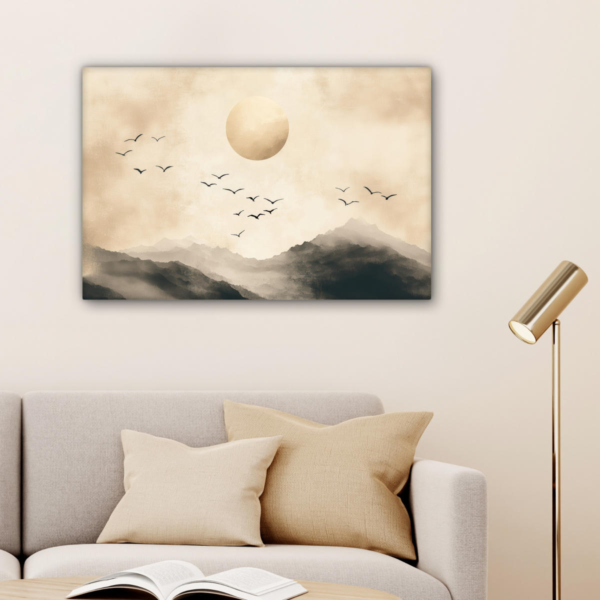 LEINWANDBILD Landschaft - Japandi - Vogel Gemälde 60x40 cm - Beige, Textil (60/40cm) - MuchoWow