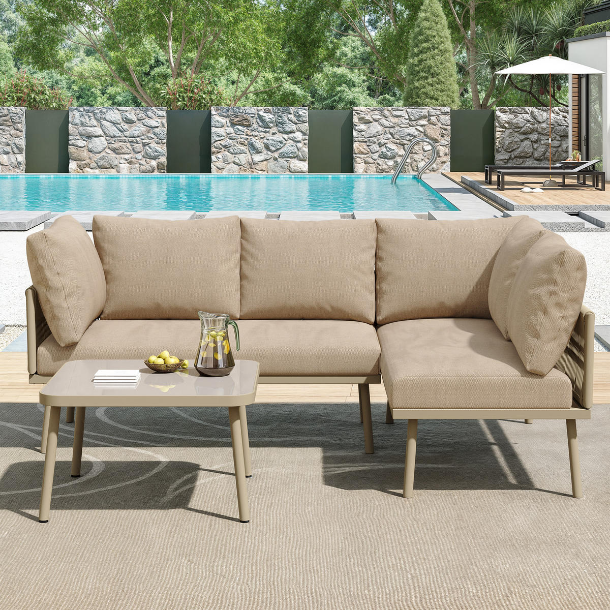 LOUNGESET L-Form Khaki 2 Sofas 1 Tisch Mit Verstellbaren Füßen - Hellbraun, Metall - FLIEKS
