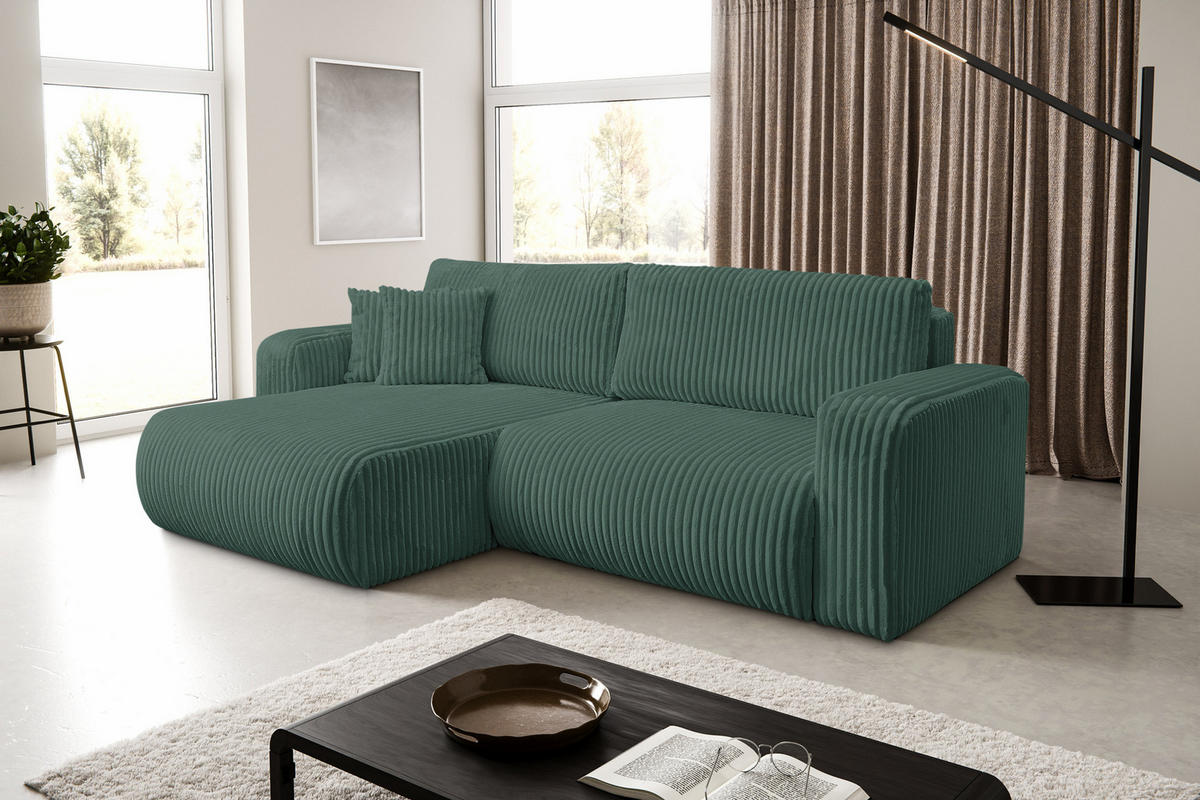 ECKSOFA Tilly, Eckcouch in L-Form mit Schlaffunktion und Bettkasten, Farbe: Grün, Cordstoff, Ottomane Universal - Grün, Textil (244/142cm) - VENASI MÖBEL