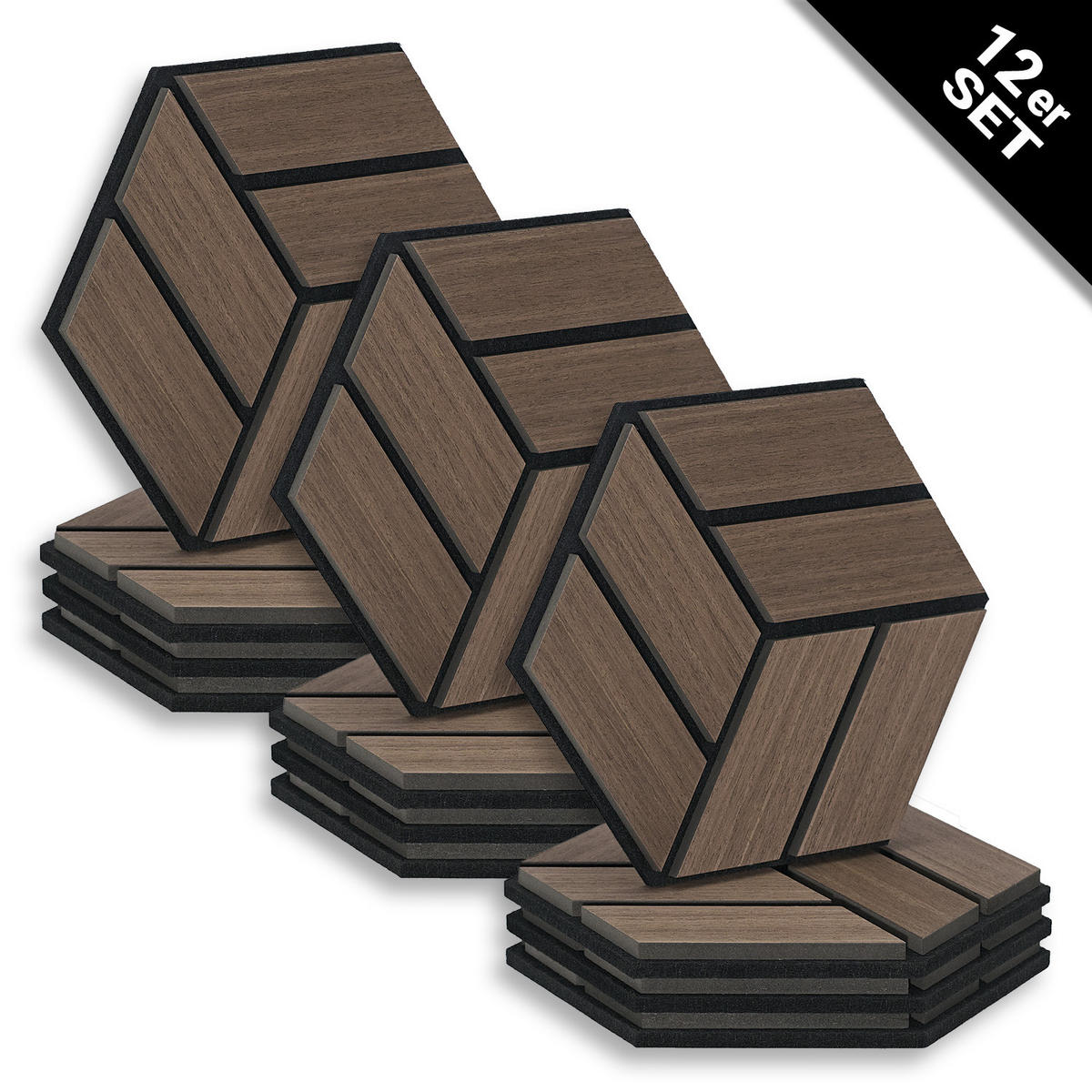 AKUSTIKPANEEL Hexagon Braun 12 Stück - Braun, Holz (30/26/2cm) - Homestyle4u