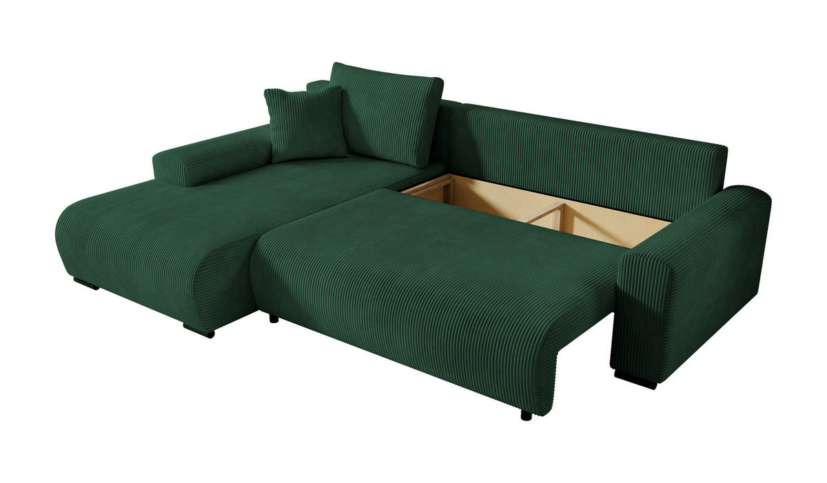ECKSOFA Nelly mit Bettkasten und Schlaffunktion, Cordstoff in L-Form - Grün, Textil (270/185cm)