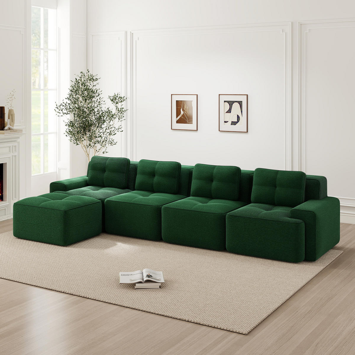 ECKSOFA 4-Sitzer 382/177/69 cm grün aus Cord mit Tiefsitz 74 cm - Grün, Textil (177/382cm) - OKWISH