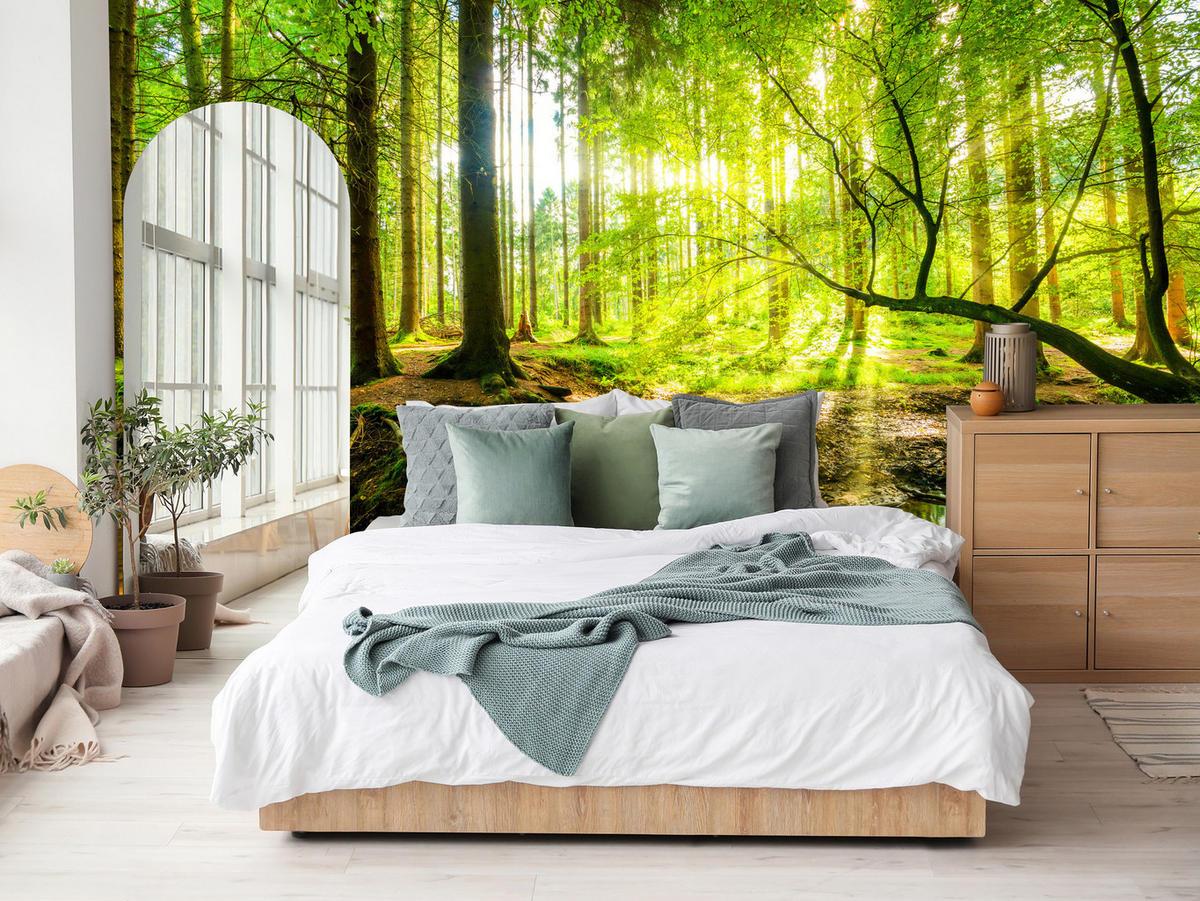 FOTOTAPETE für Wohnzimmer Waldlandschaft Bäume Blätter Frühling Grün 200x140 - Gelb/Orange, Papier (200/140cm) - Muralo