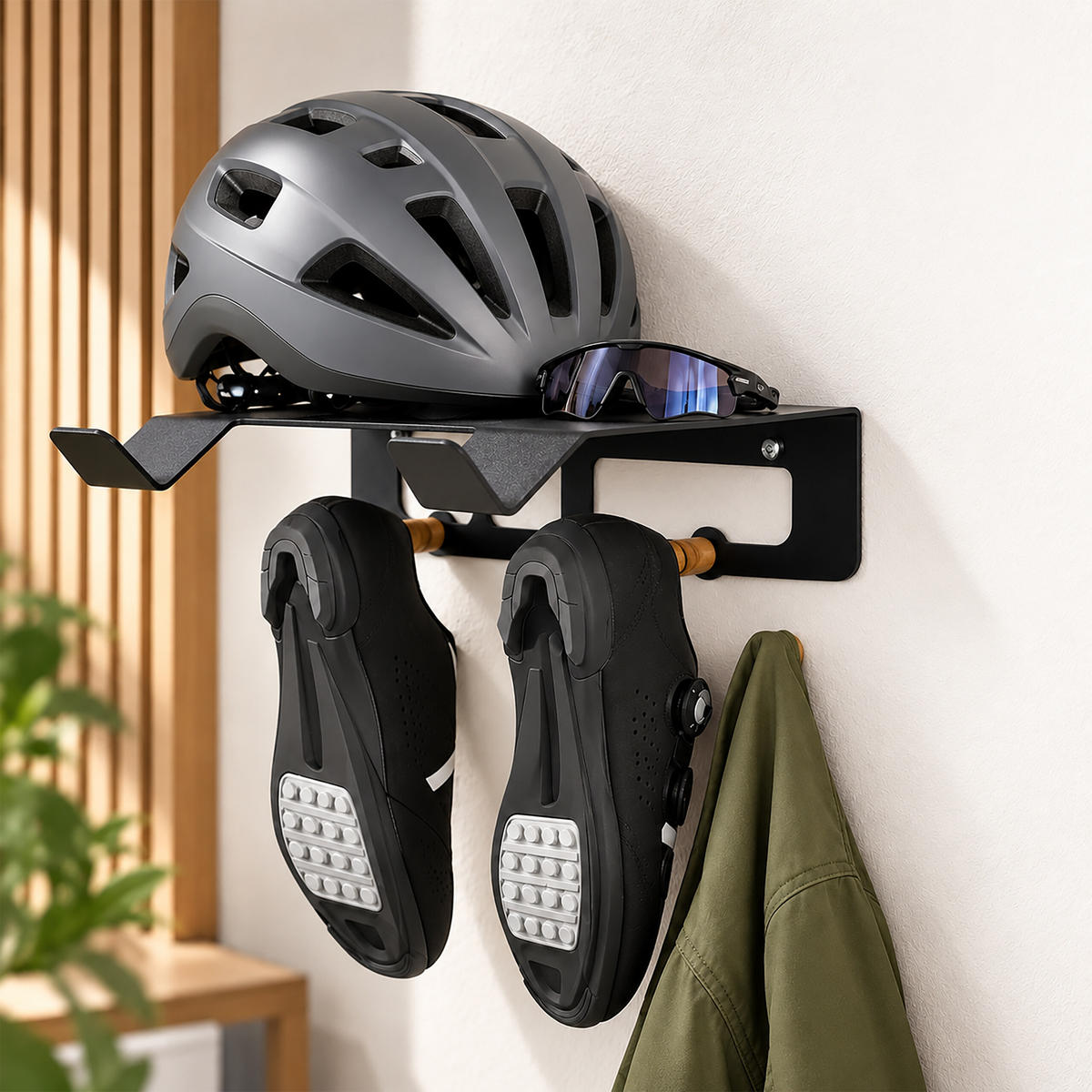FAHRRADWANDHALTERUNG Schwarz 3-in-1 mit Ablage und Haken - Schwarz, Metall (35/9.5/30.5cm) - Relaxdays
