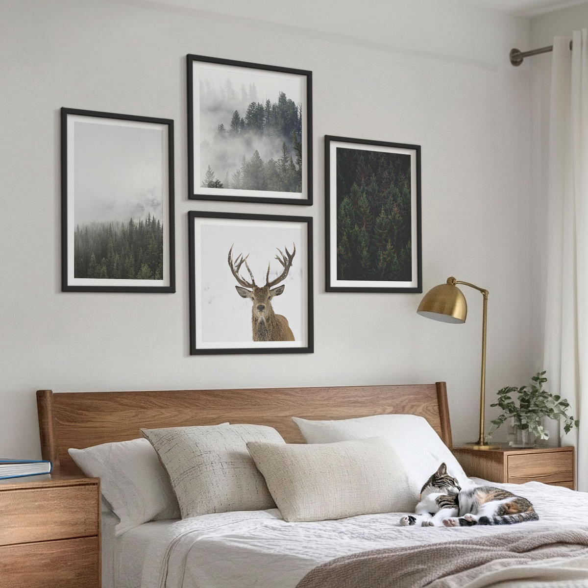 WANDBILDER 4er-Set - 50x50 cm & 40x60 cm Schwarzer Rahmen - Grüne Wälder, neblige Landschaft - Schwarz, Kunststoff (50/50cm) - ArtPrintCave