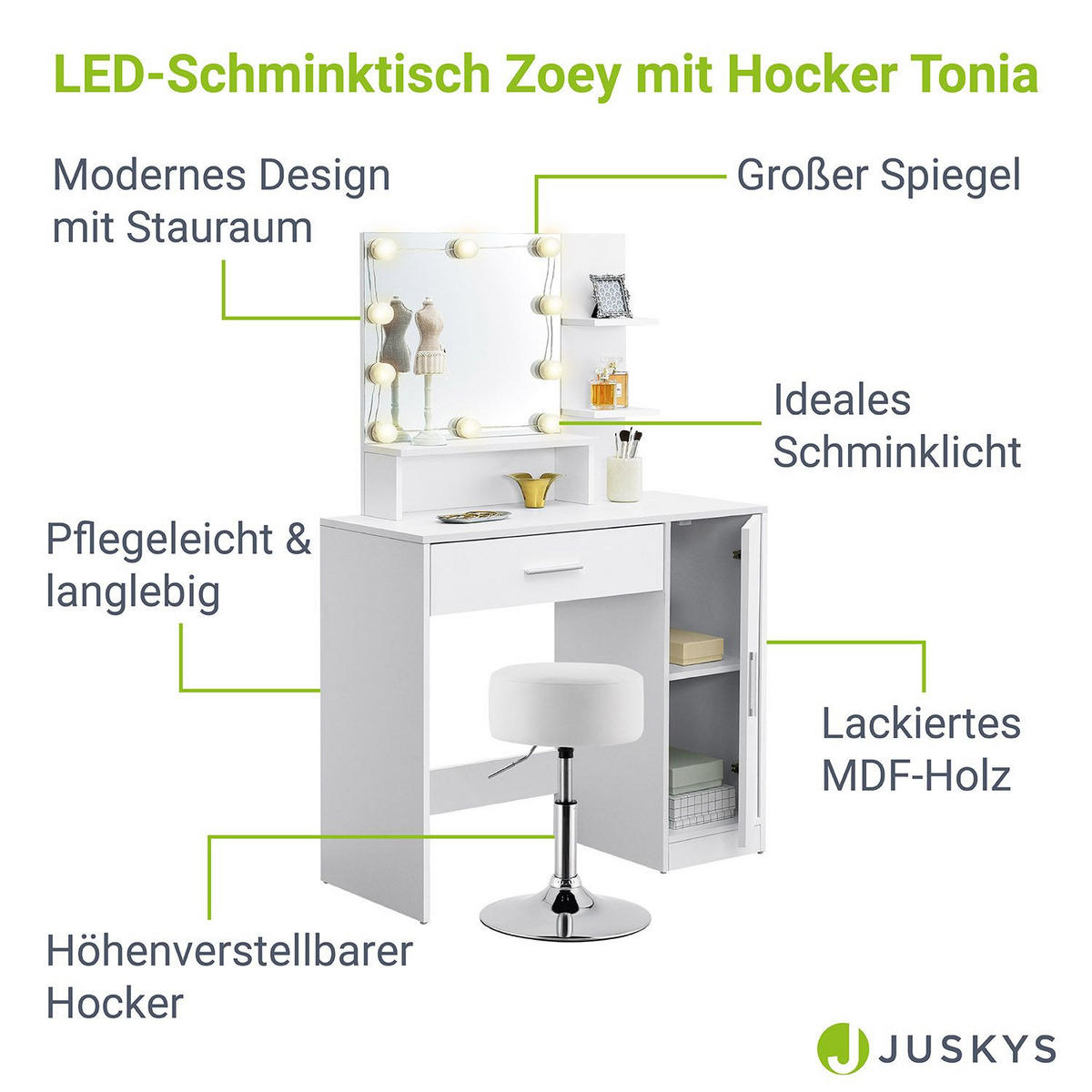SCHMINKTISCH Zoey mit Schrank und Hocker Tonia - Weiß, Holz (38/137/90cm) - Juskys