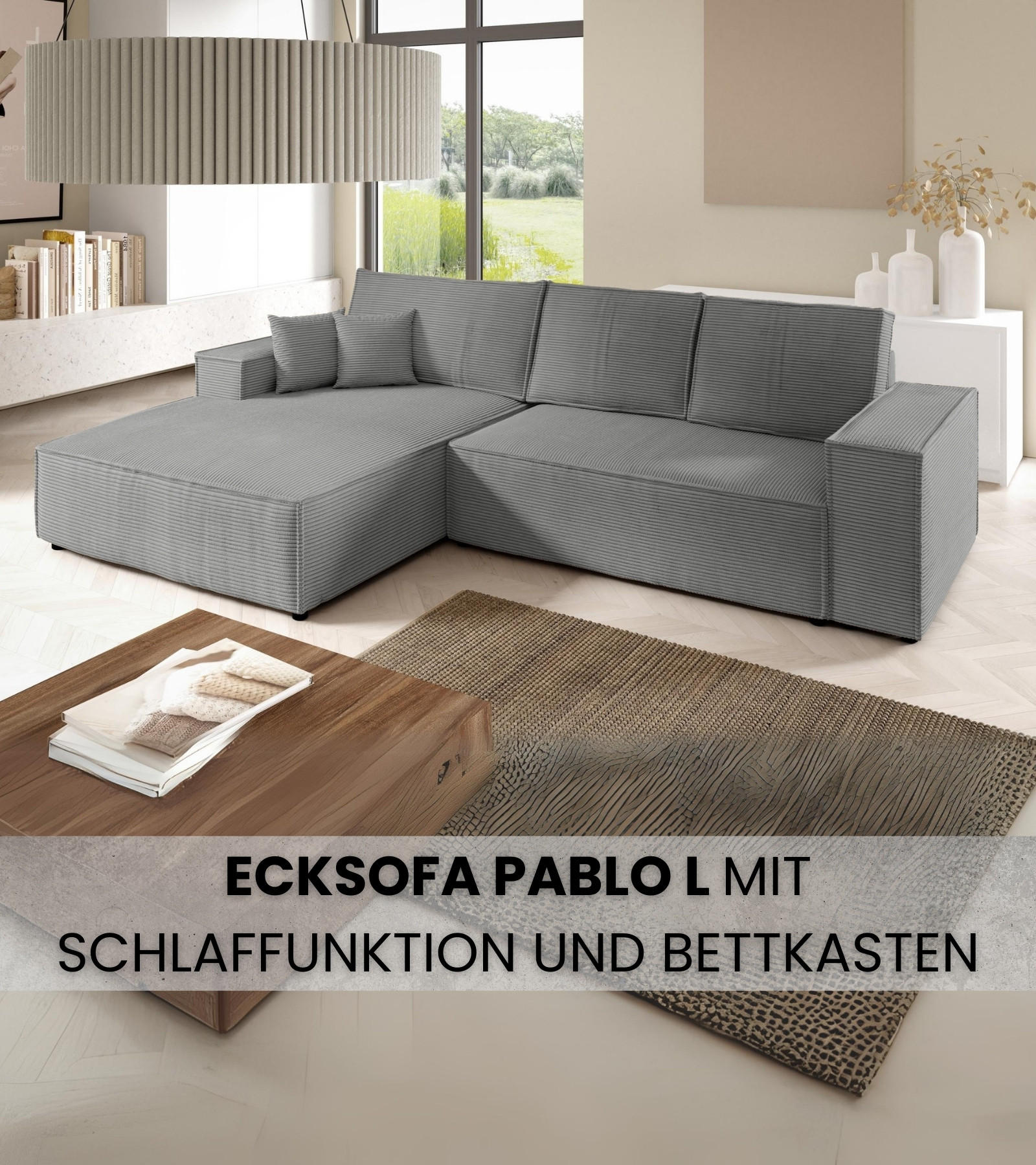 ECKSOFA Pablo mit Schlaffunktion Hellgrau Cord - Hellgrau, Textil (294/185cm) - Bromarkt