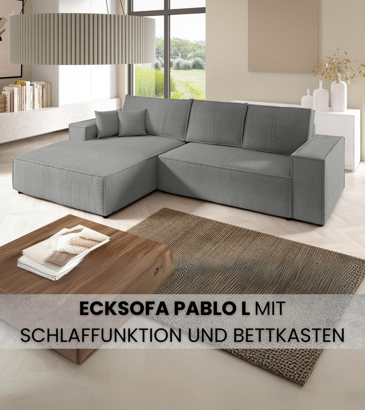 ECKSOFA Pablo mit Schlaffunktion Hellgrau Cord - Hellgrau, Textil (294/185cm) - Bromarkt