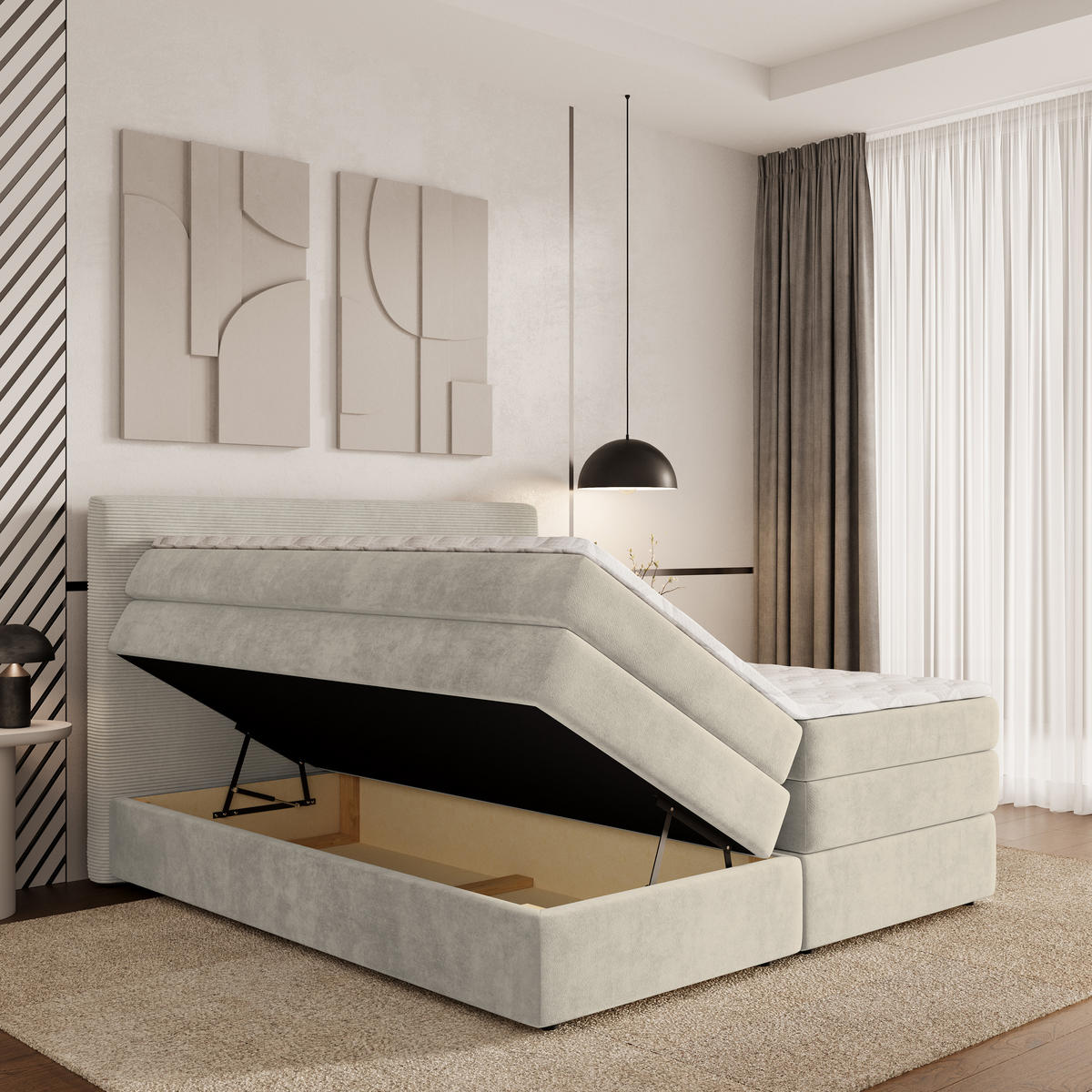 BOXSPRINGBETT MATERN 180x200 cm mit Matratze und Topper - Creme - Creme, Holz (180/200cm) - MASSENO