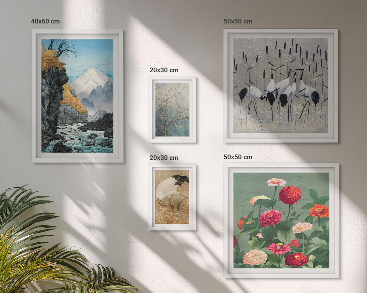 BILDER SET 5er Set - 50x50 cm & 20x30 cm & 40x60 cm Weißer Rahmen - Berge, Fluss, Blumen, Kraniche - Weiß, Kunststoff (40/60cm) - TULUP