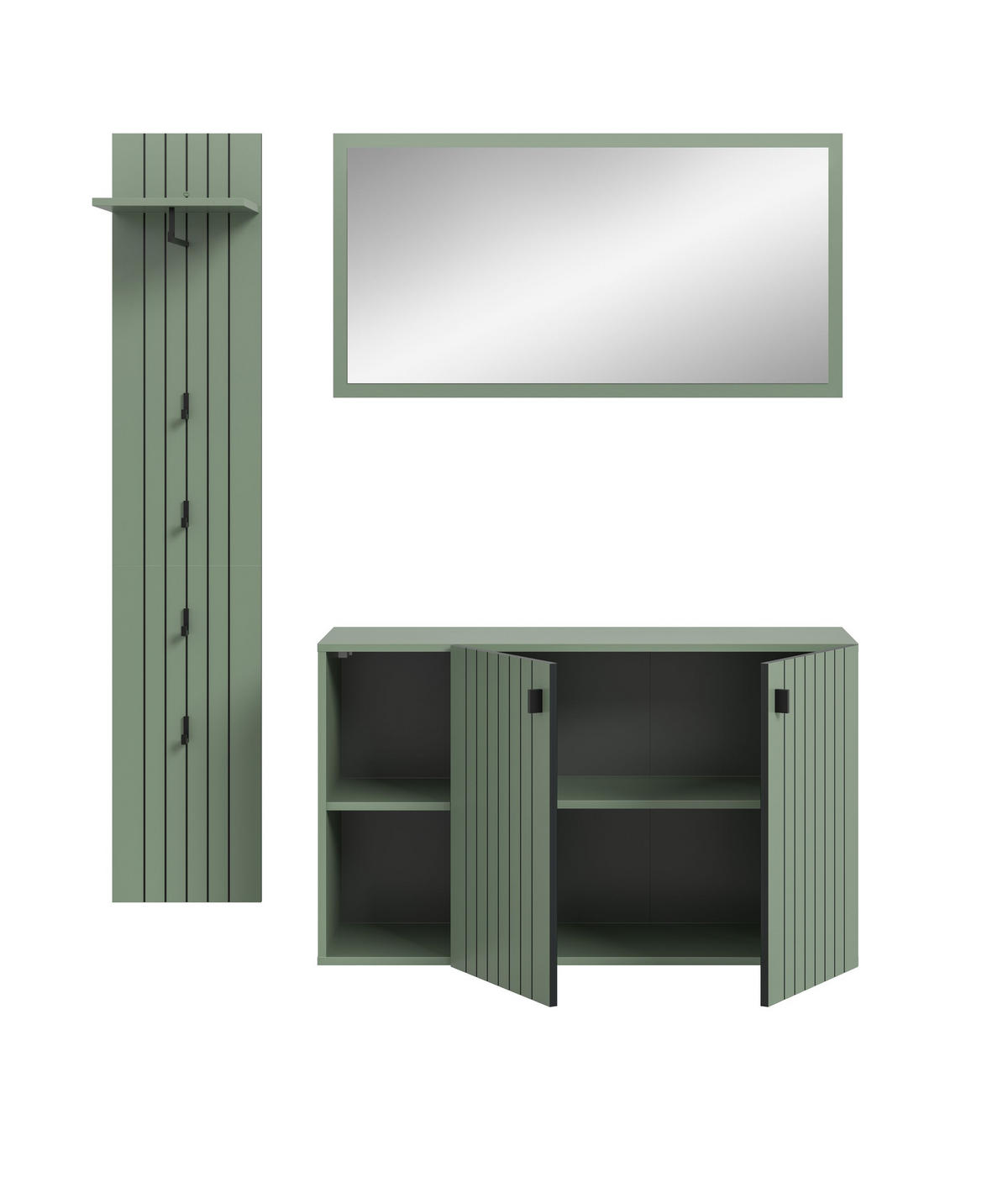 GARDEROBEN-SET STATION 3-tlg. (B/H/T: ca. 152/192/37 cm) in Smoke Green/Smoke Green - Grün, Holzwerkstoff (152/192/37cm)