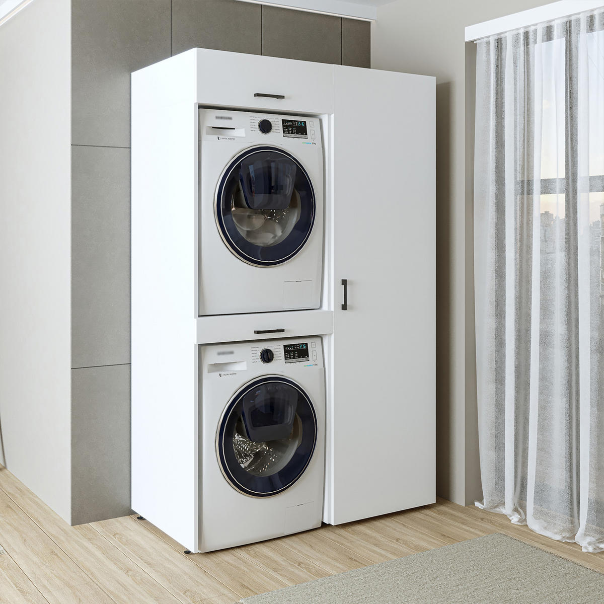 WASCHMASCHINENSCHRANK DUO-I 127cm Breit, 205cm Hoch - Weiß, Holzwerkstoff (127/205/67cm)