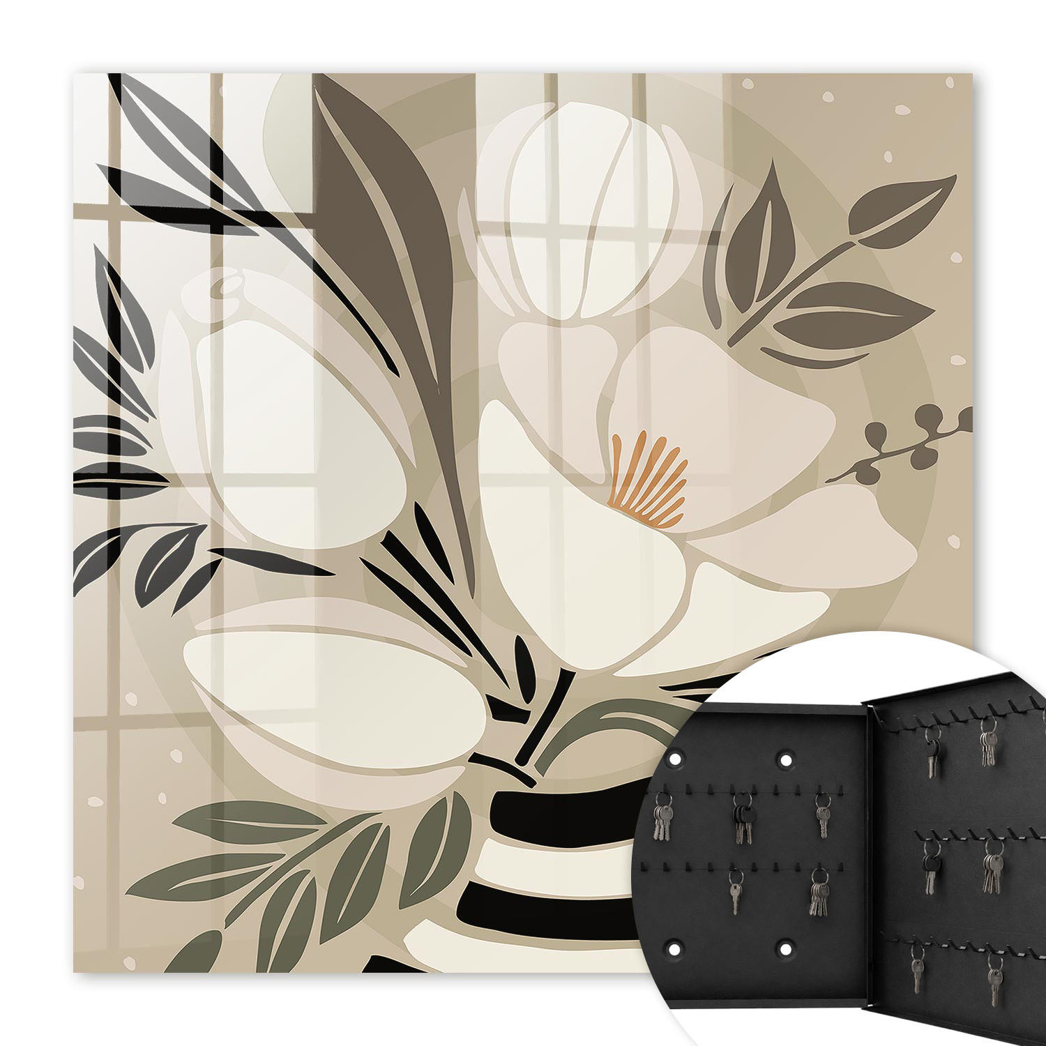 SCHLÜSSELBOX Schwarz 30x30 cm- Türöffnung nach rechts - Floraler Minimalismus - Beige, Metall (30/30/5cm) - TULUP