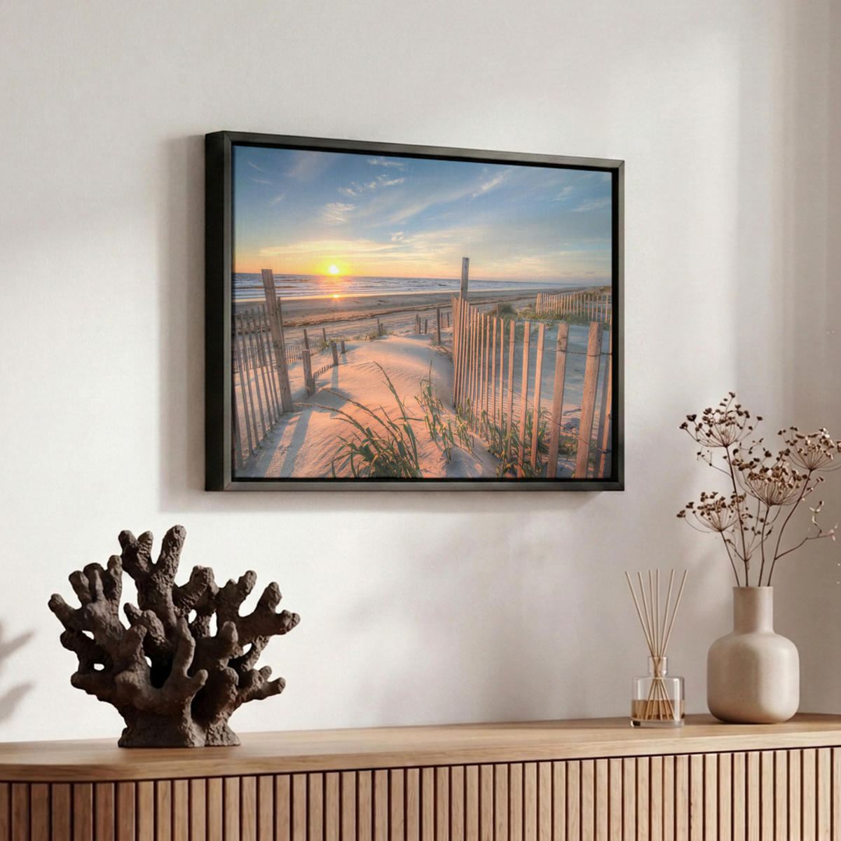 LEINWAND Bilder mit Rahmen - Strand - Meer - Düne - Sonnenuntergang - Landschaft - 30x20 - Beige, Textil (30/20cm) - MuchoWow