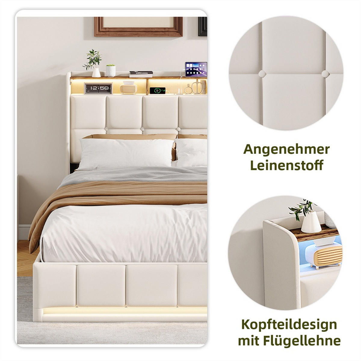 POLSTERBETT 140x200 cm mit LED-Beleuchtung und hydraulischem Stauraum - ohne Matratze - Beige - Beige, Textil (140/200cm) - DELFA