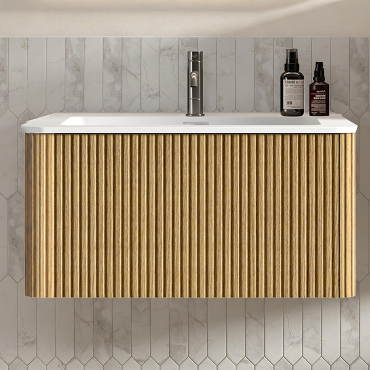WASCHTISCHKOMBI 81/46,5/37 cm Eiche aus MDF und Sperrholz mit Push-to-Open-Schubladen - Eichefarben, Holzwerkstoff (81/37/46.5cm) - OKWISH