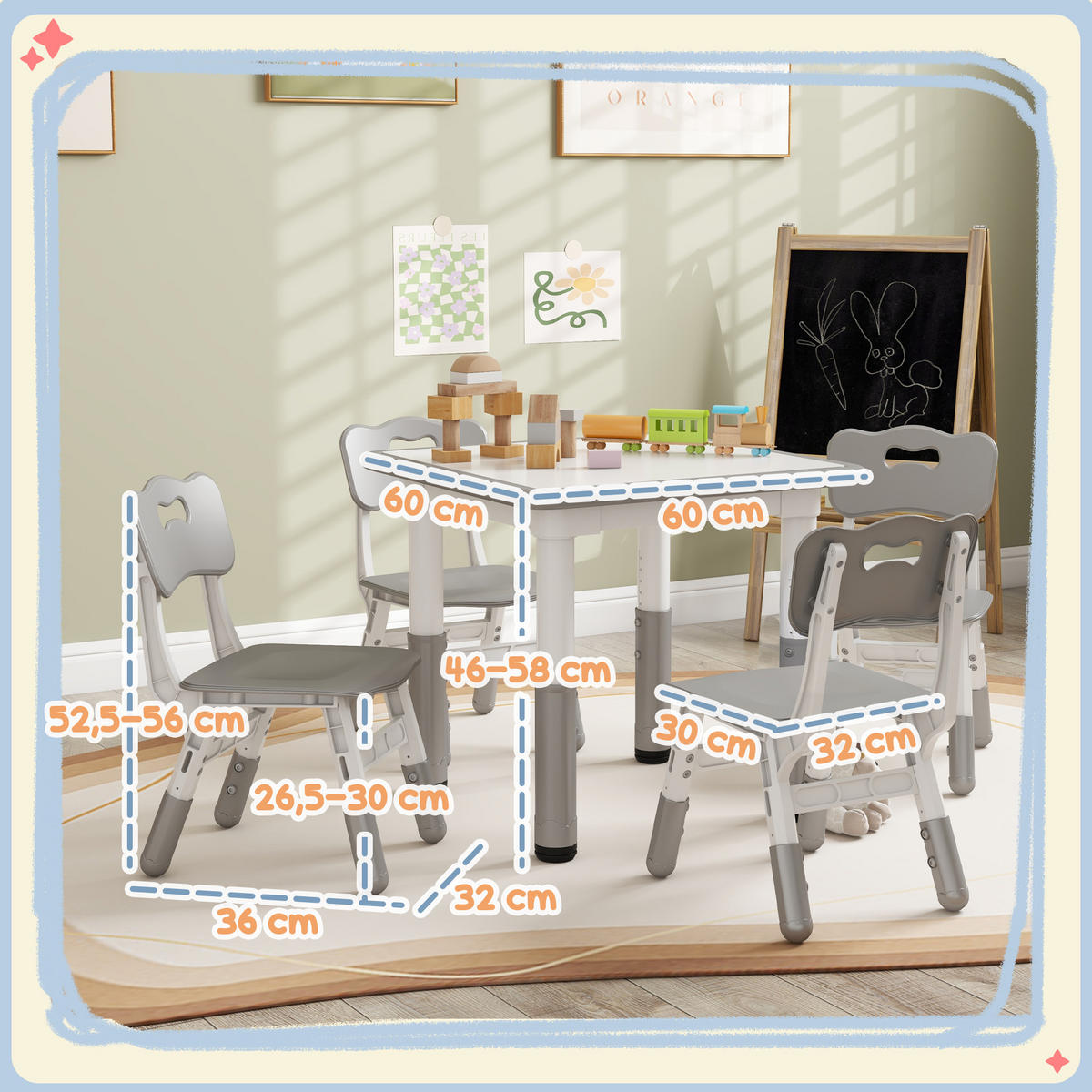 KINDERSITZGRUPPE DE-17549 höhenverstellbar mit 4 Stühlen Grau - Grau, Holzwerkstoff (60/58/60cm) - ComfortXL