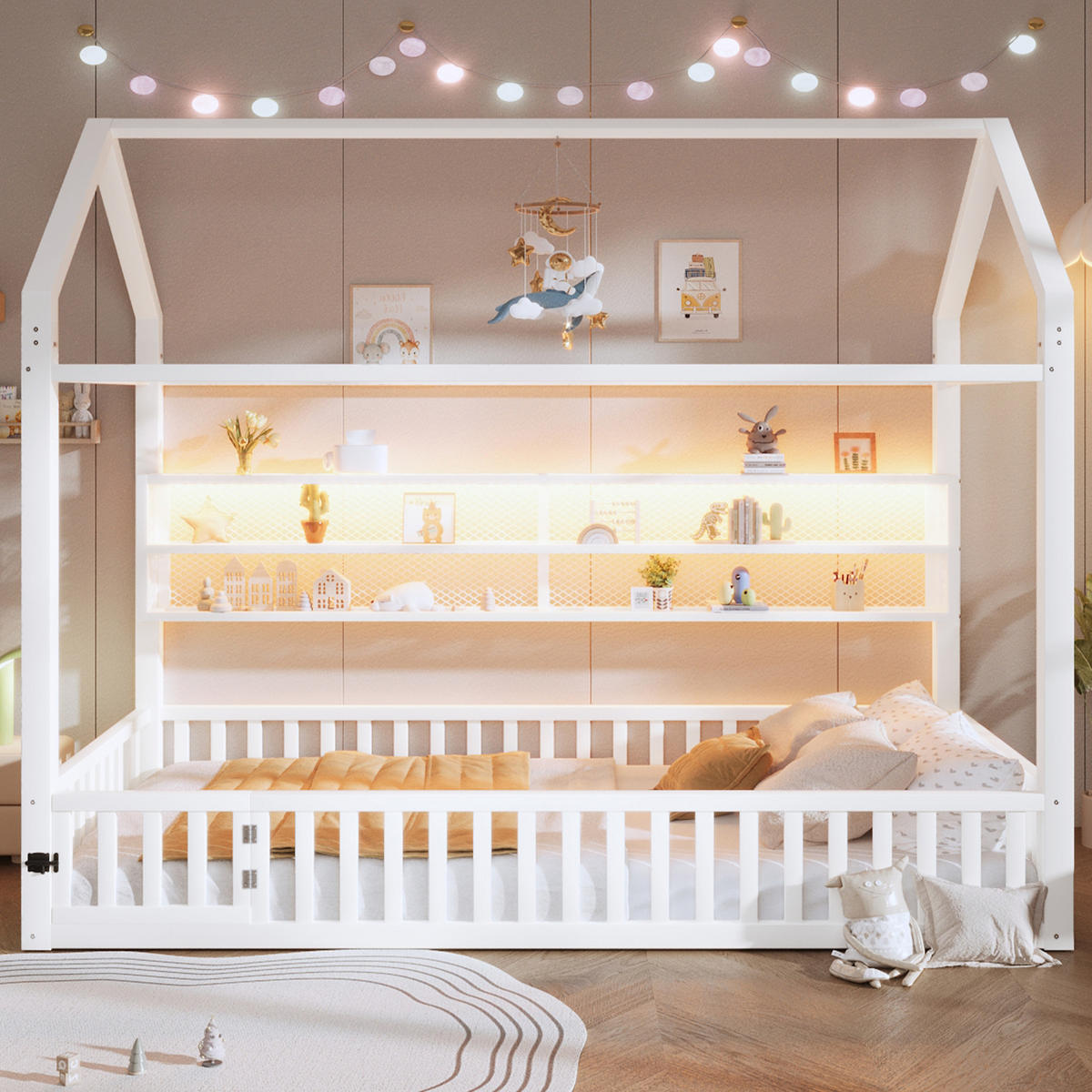 HAUSBETT 90/200 cm weiß aus Metall mit LED-Beleuchtung und Sicherheitszaun - Weiß, Metall (90/200cm) - OKWISH