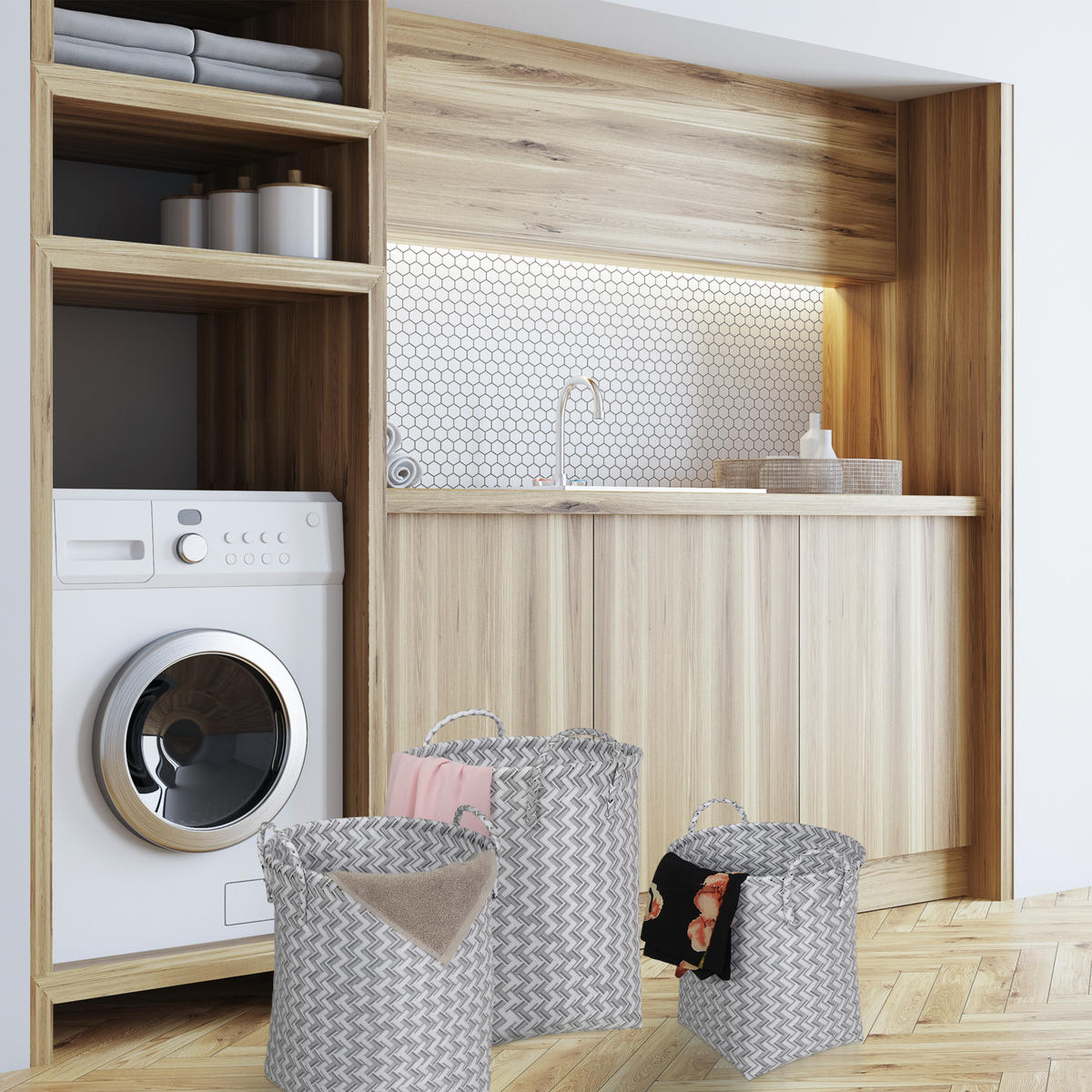 3XWÄSCHEKORB - Multicolor, Kunststoff/Metall (35/36.5/46.5cm) - Relaxdays