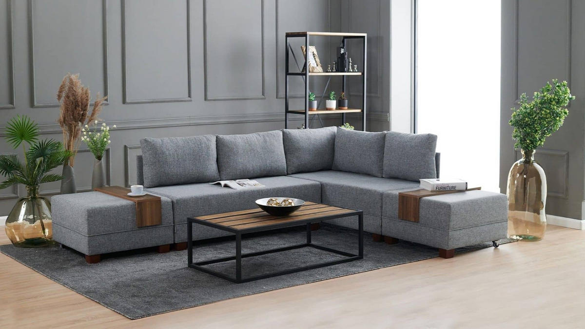 ECKSOFA mit rollbarer Schlaffunktion - Walnussfarben/Grau, Holz/Textil (210/280cm) - myHomelando