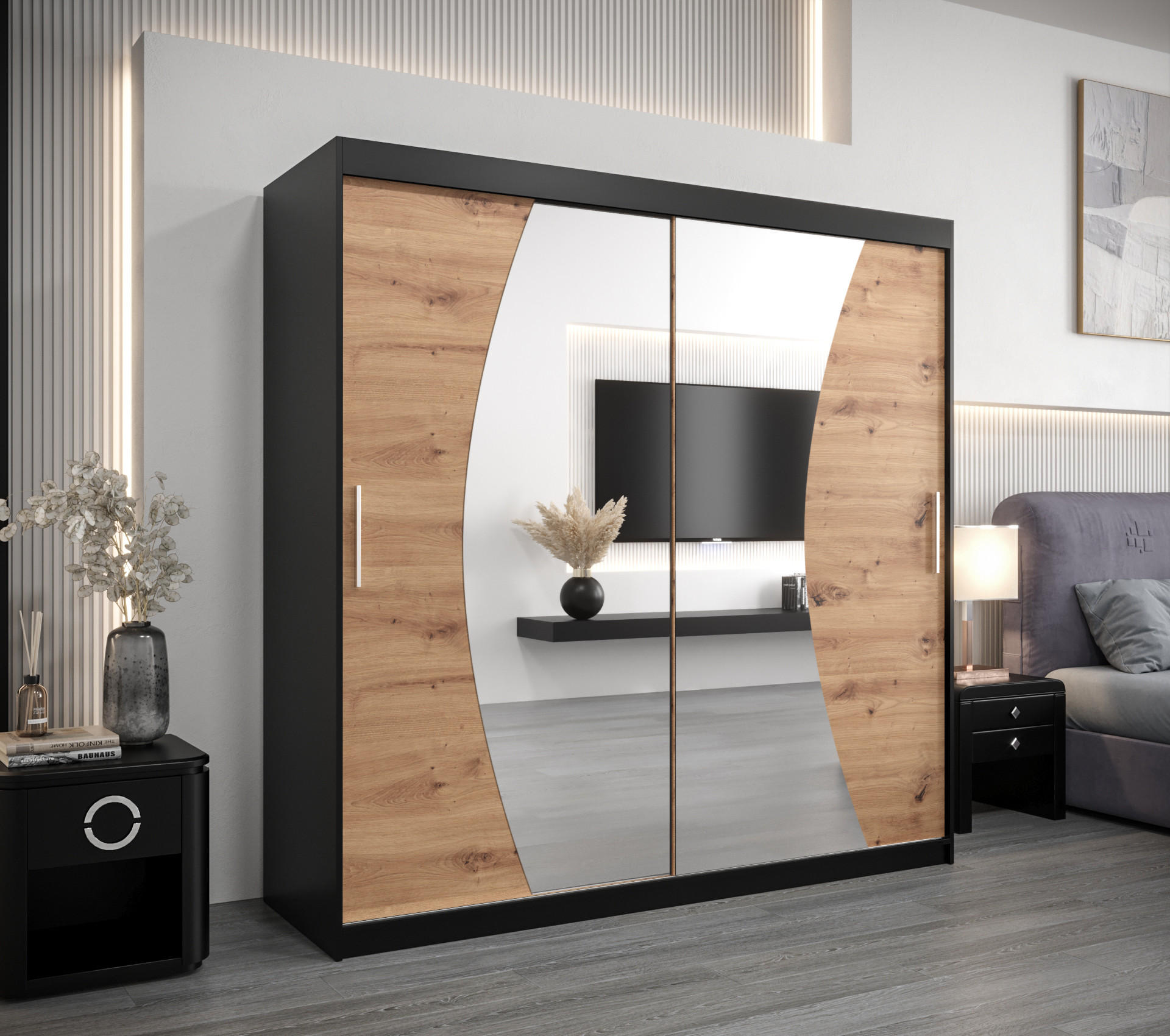 SCHWEBETÜRENSCHRANK 200/200/62 2-türig - Silberfarben/Schwarz, Holz/Kunststoff (200/200/62cm) - Abiks Möbel