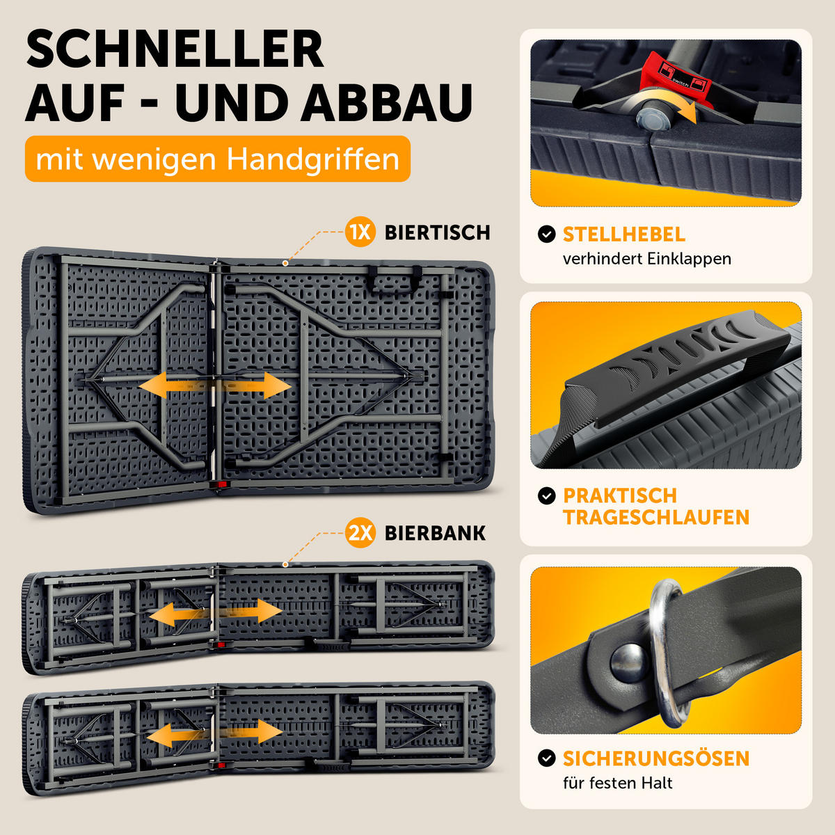 BIERZELTGARNITUR 3-teilig, 2x Bank & 1x Tisch in Grau mit Rattanmuster - Grau, Kunststoff - Blumtal