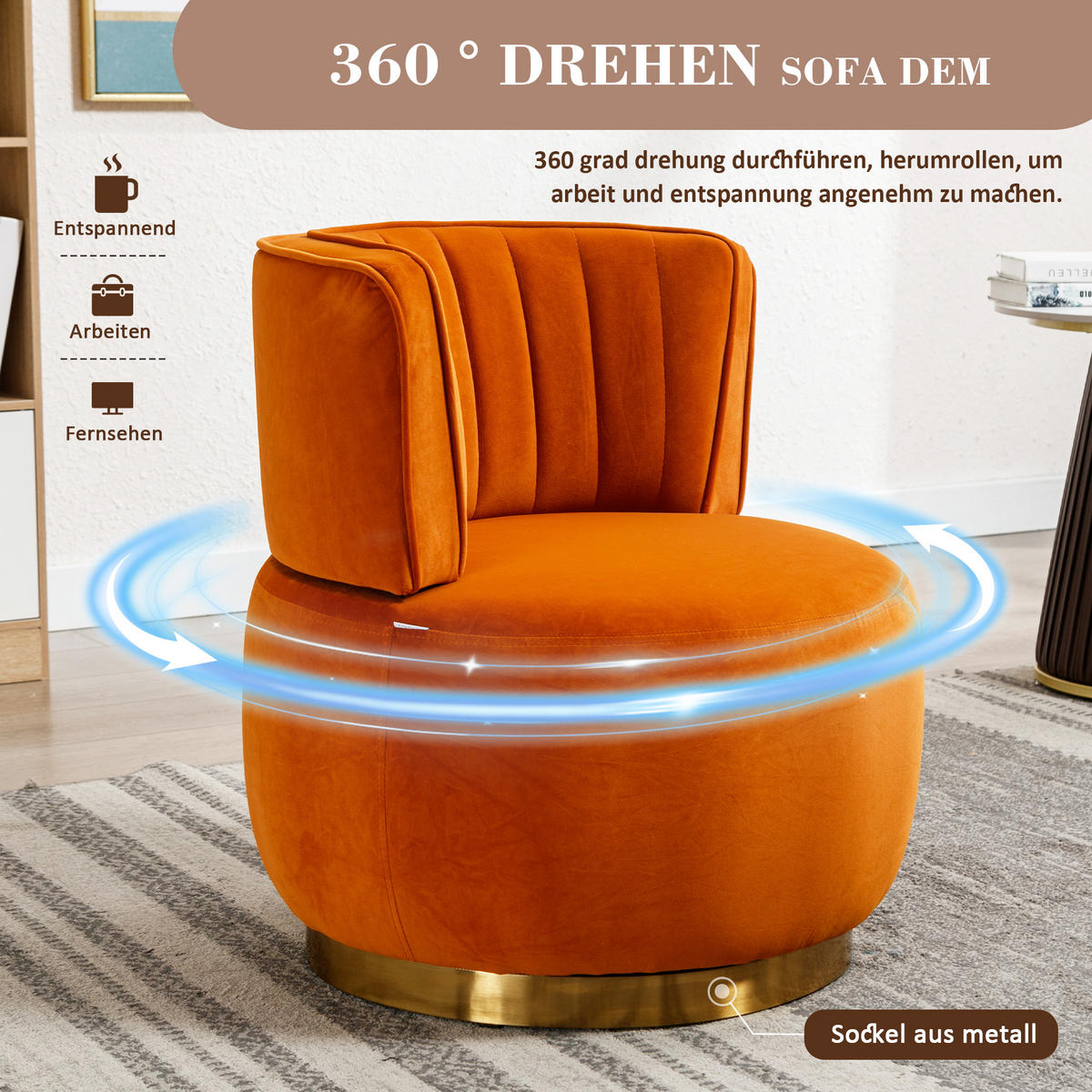 STUHL, Samt, 360° drehbar, 62,5/62/69,5 cm, Orange - Orange, Textil (62/69.5/62.5cm) - Redom