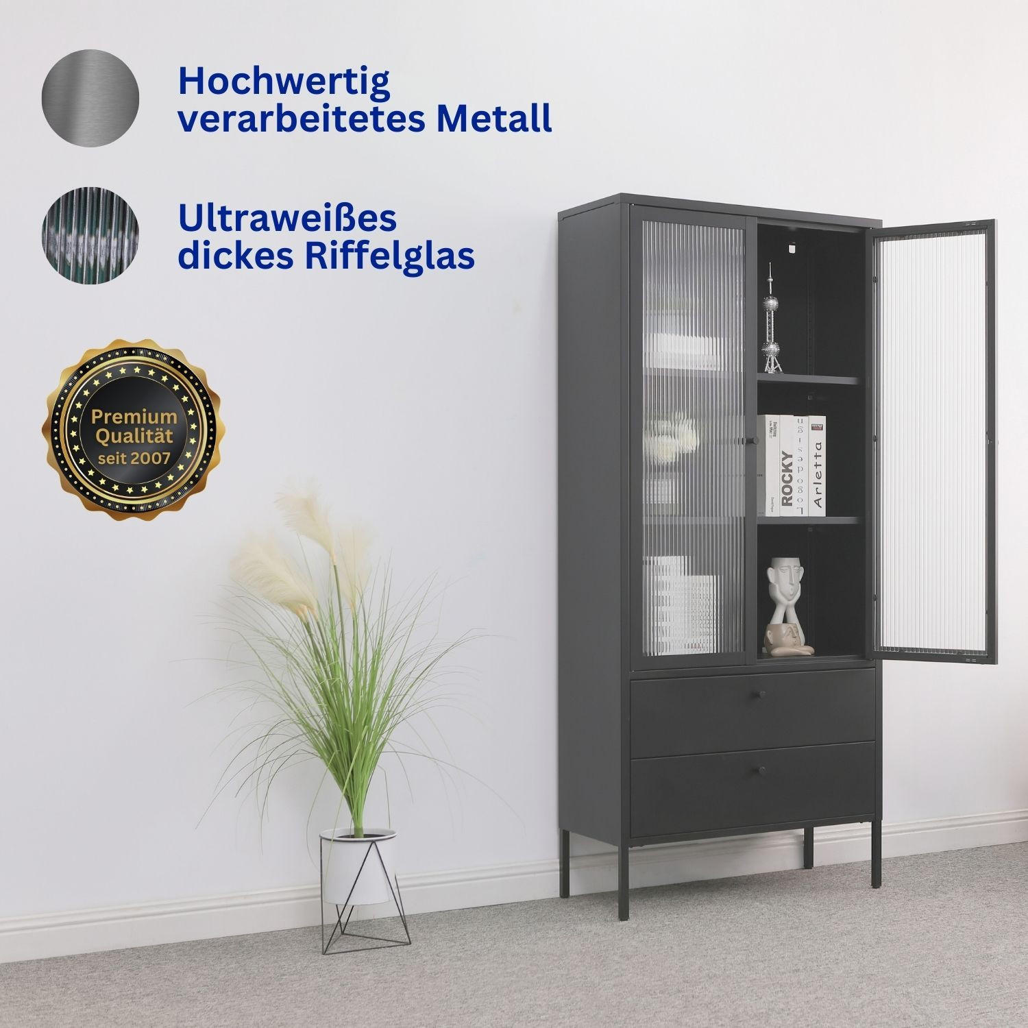 VITRINE PARIS Metall Schwarz mit Schubladen und Türen 80/35/180 cm - Schwarz, Metall (35/180/80cm) - Mein-Regal