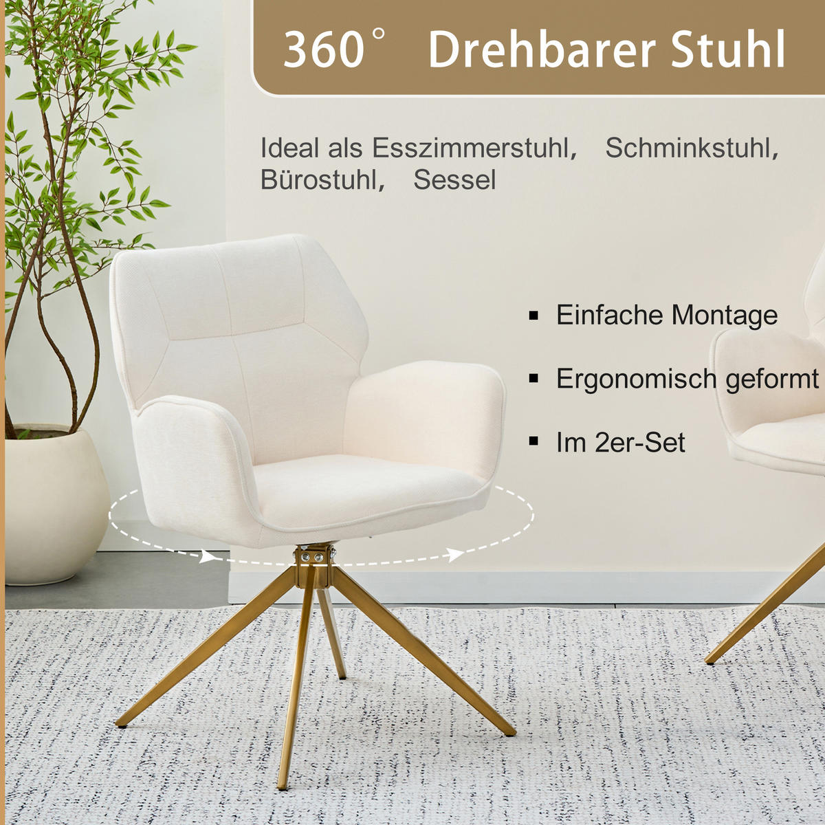 ESSTUHL Cremeweiß 2er-Set Drehbar mit Armlehnen und Chenille-Bezug - Creme, Metall (53.5/84/45cm) - PANGIVO