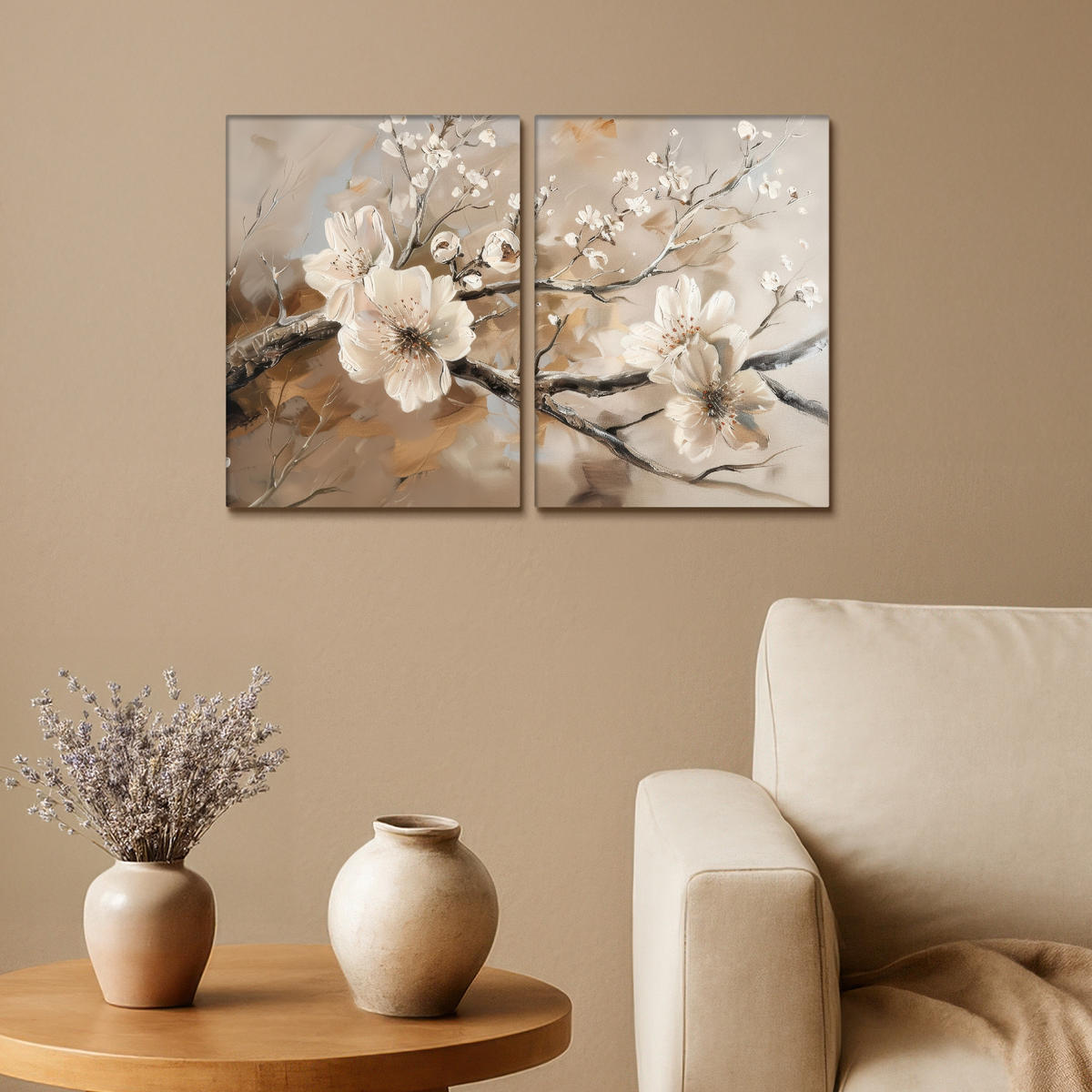 LEINWANDBILD 2er Set Blüte - Beige - Abstrakt - Blumen 60x40 cm - Hellbraun, Textil (60/40cm) - MuchoWow