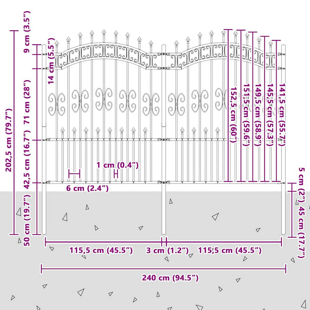 GARTENZAUN mit Speerspitze, 240/150 cm, aus Pulverbeschichteter Stahl, Schwarz - Schwarz, Metall (240/140cm) - vidaXL