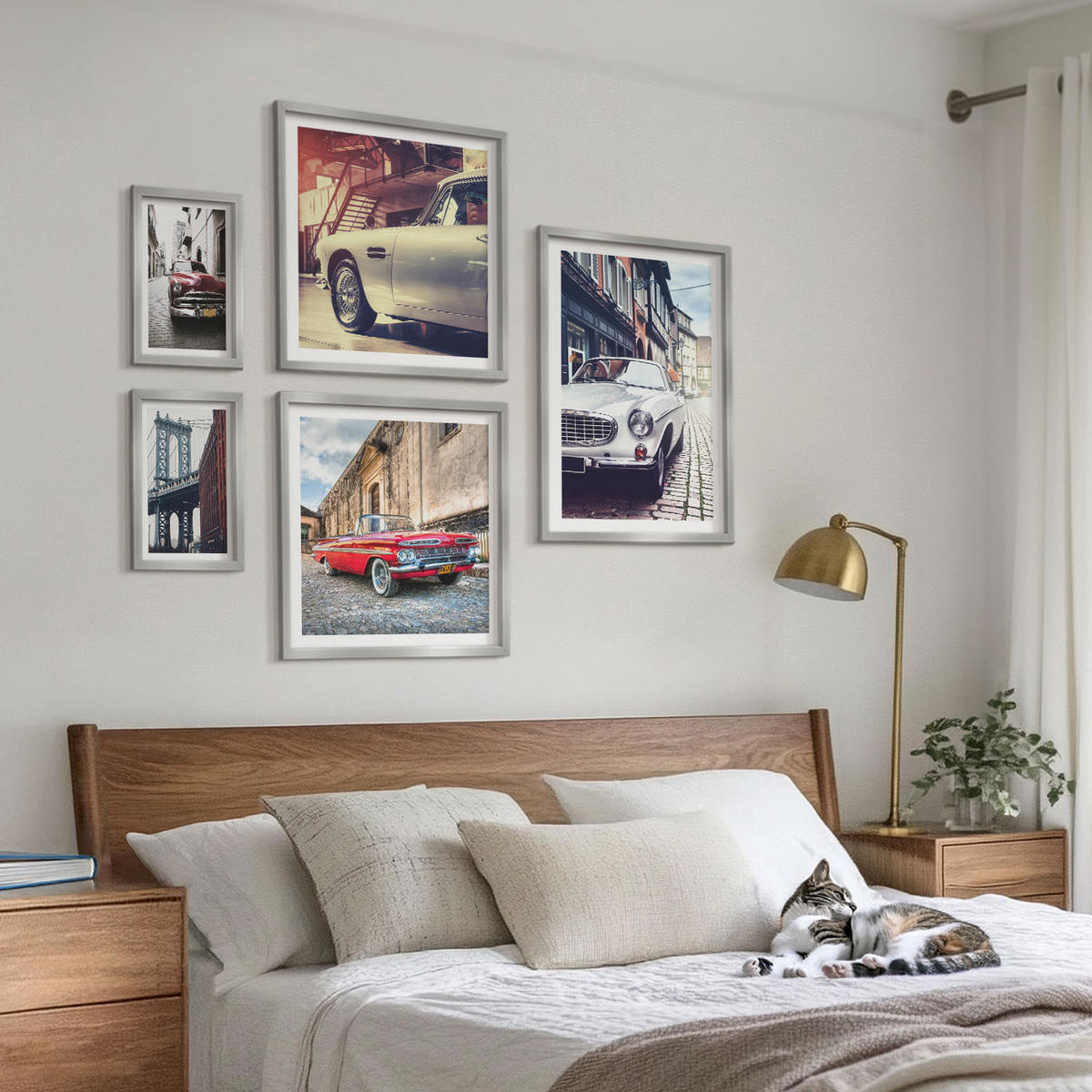 WANDBILDER 5er Set - 50x50 cm & 20x30 cm & 40x60 cm Silberner Rahmen - Oldtimer in Städten - Silberfarben, Kunststoff (40/60cm) - ArtPrintCave