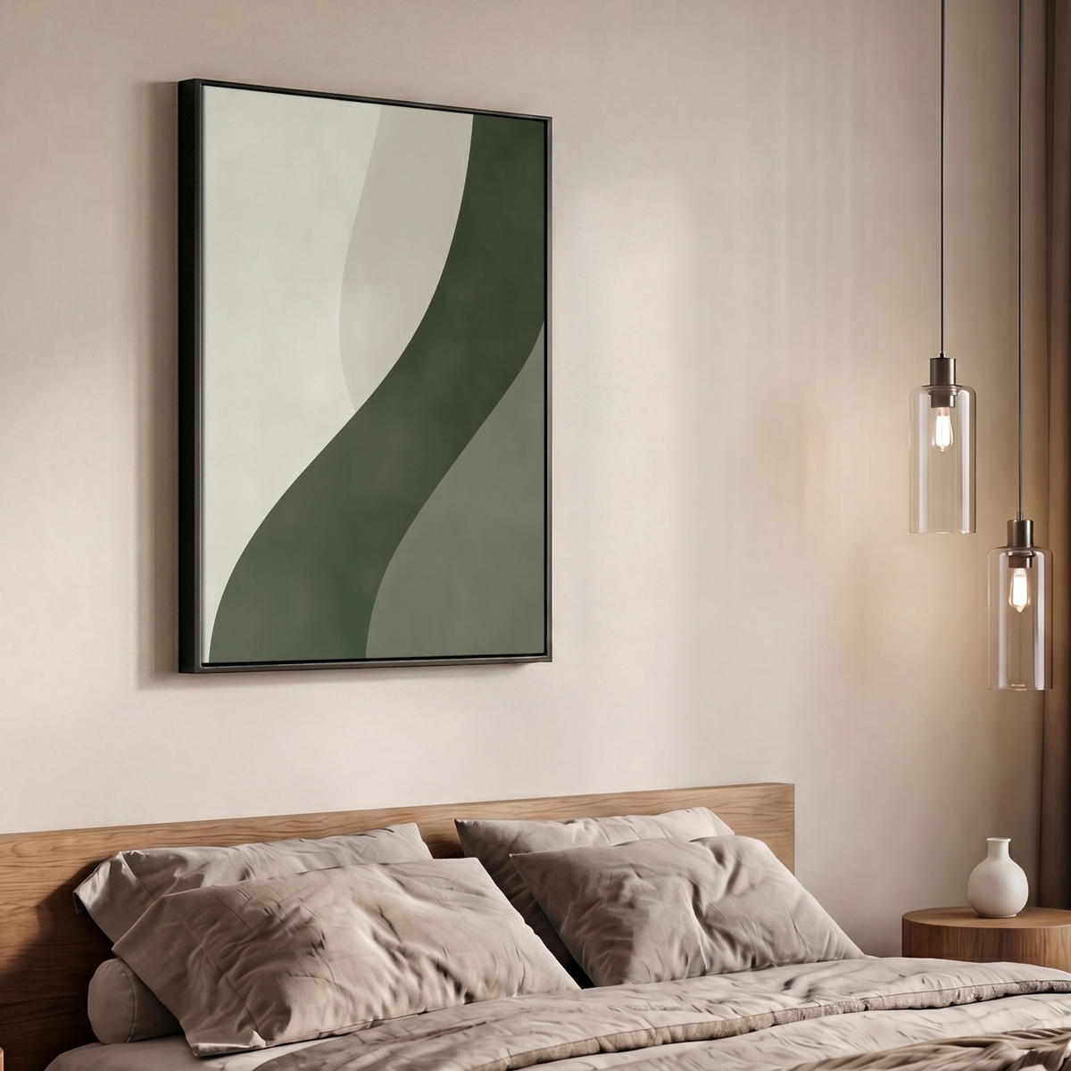 LEINWAND Bilder mit Rahmen - Japandi - Grün - Abstrakt - Modern - 70x100 - Salbeigrün, Textil (70/100cm) - MuchoWow