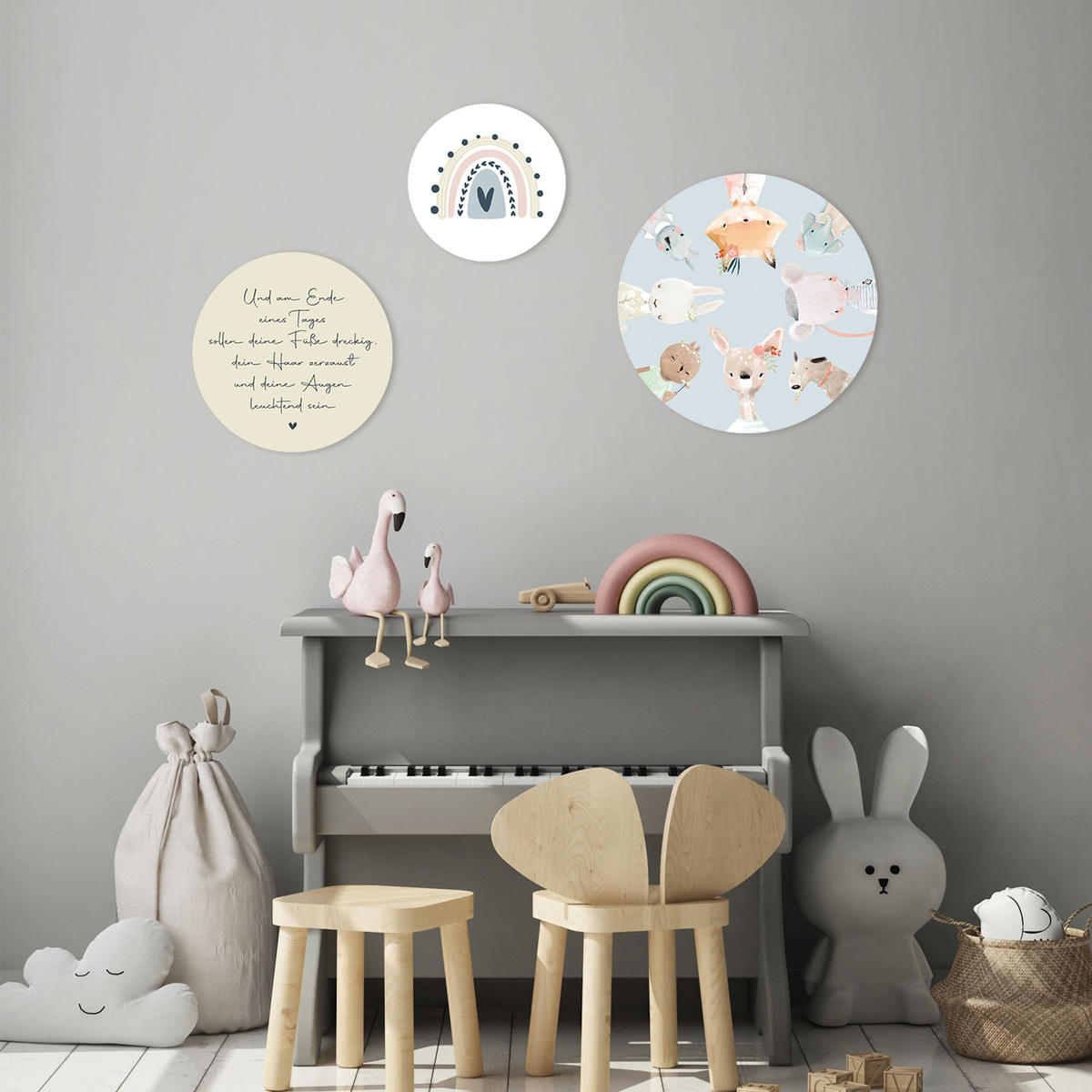 BILDERSET 3er-Set rund 55/40/25 cm Kinder - Blau/Beige, Kunststoff (55/55/2cm) - artissimo