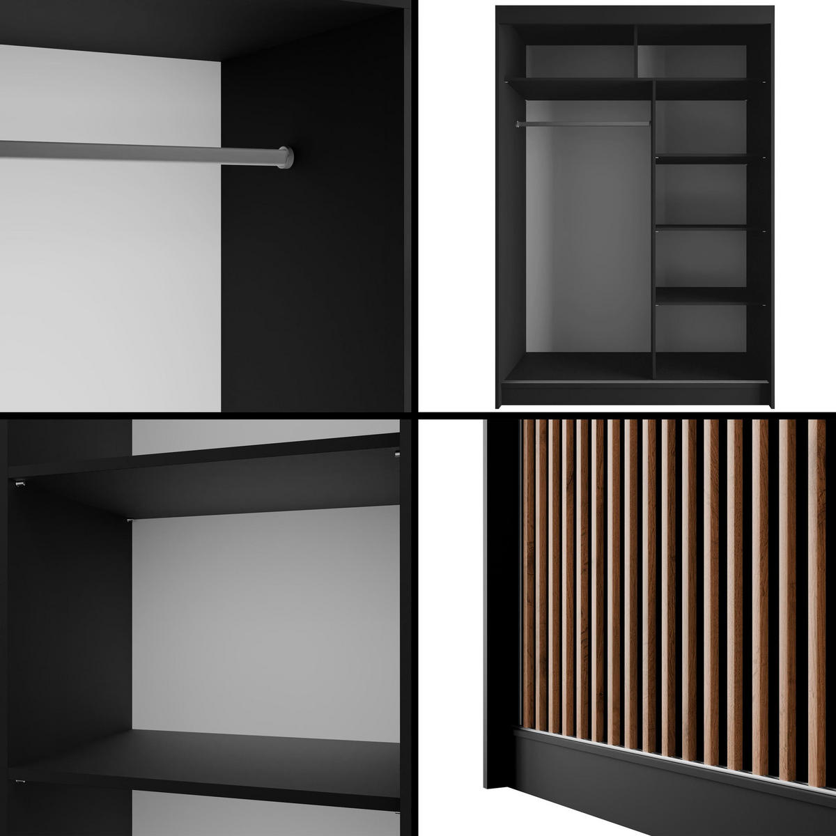 KLEIDERSCHRANK mit Lamel-Schiebetüren VILANv2 - 120 cm Schwarz + Lamelle Eiche Wotan - Eiche Wotan/Schwarz, Holzwerkstoff (120/215/61cm) - ALTDECOR