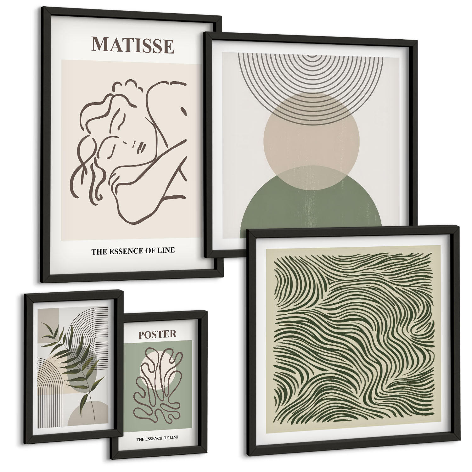 BILDER SET 5er Set - 50x50 cm & 20x30 cm & 40x60 cm Schwarzer Rahmen - Geometrische botanische Muster - Schwarz, Kunststoff (40/60cm) - TULUP