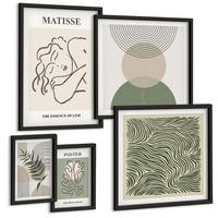 BILDER SET 5er Set - 50x50 cm & 20x30 cm & 40x60 cm Schwarzer Rahmen - Geometrische botanische Muster - Schwarz, Kunststoff (40/60cm) - TULUP