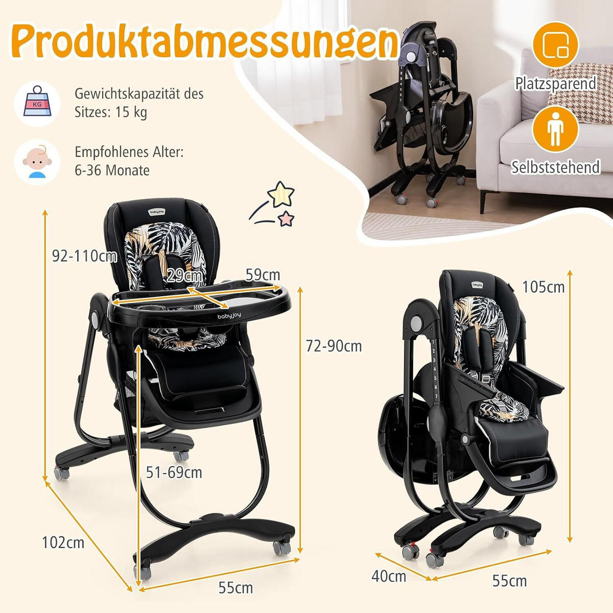 KINDERHOCHSTUHL Höhenverstellbar schwarz - Schwarz, Kunststoff (102/92/55cm) - COSTWAY